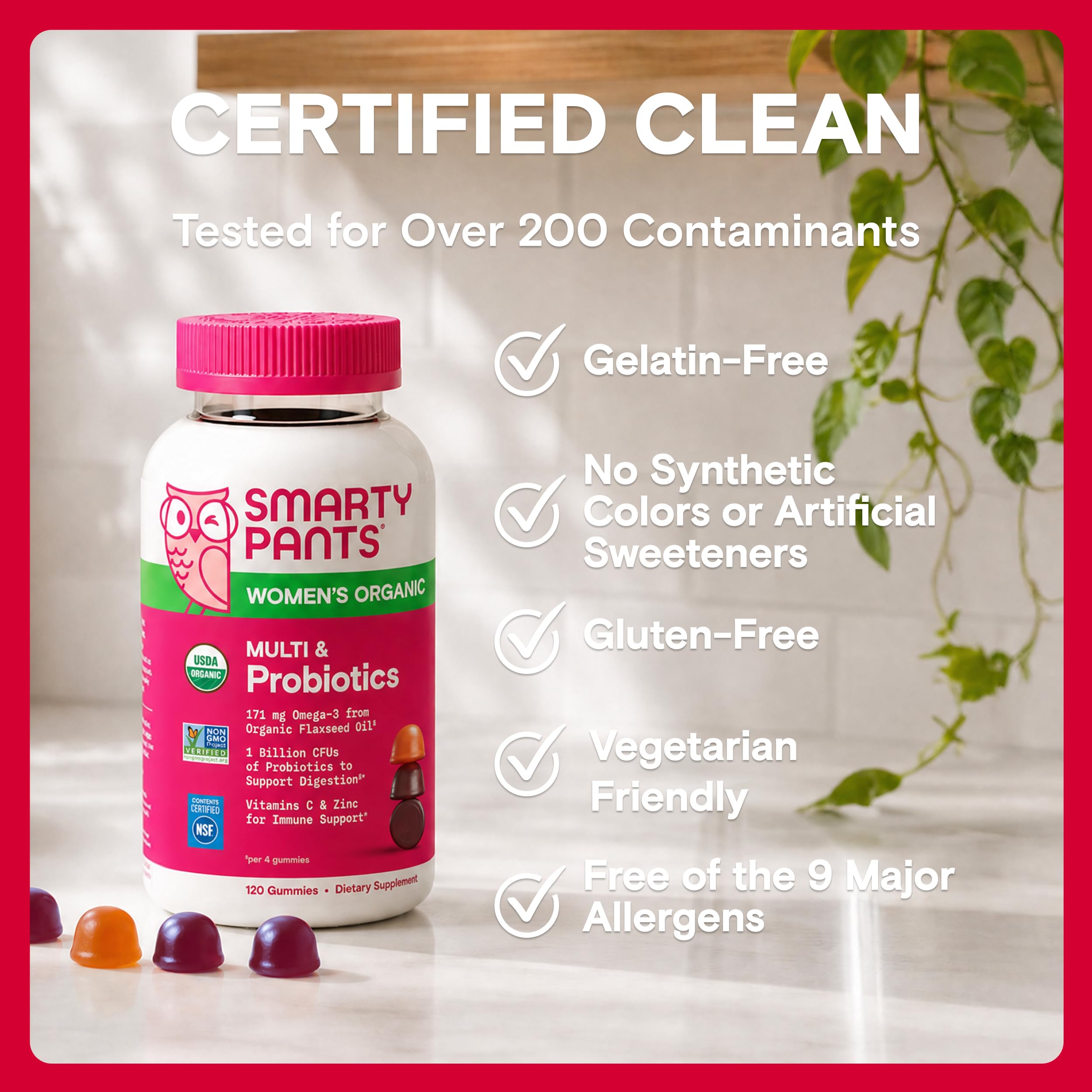 SmartyPants Organic Women's Multi & Probiotics Gummies on a kitchen counter