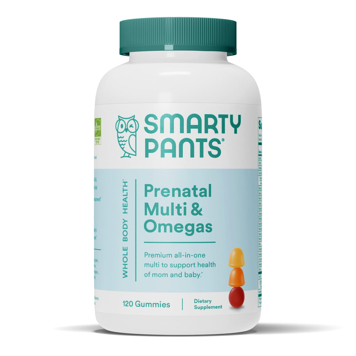 SmartyPants Prenatal Multi & Omega Gummies front view with packaging