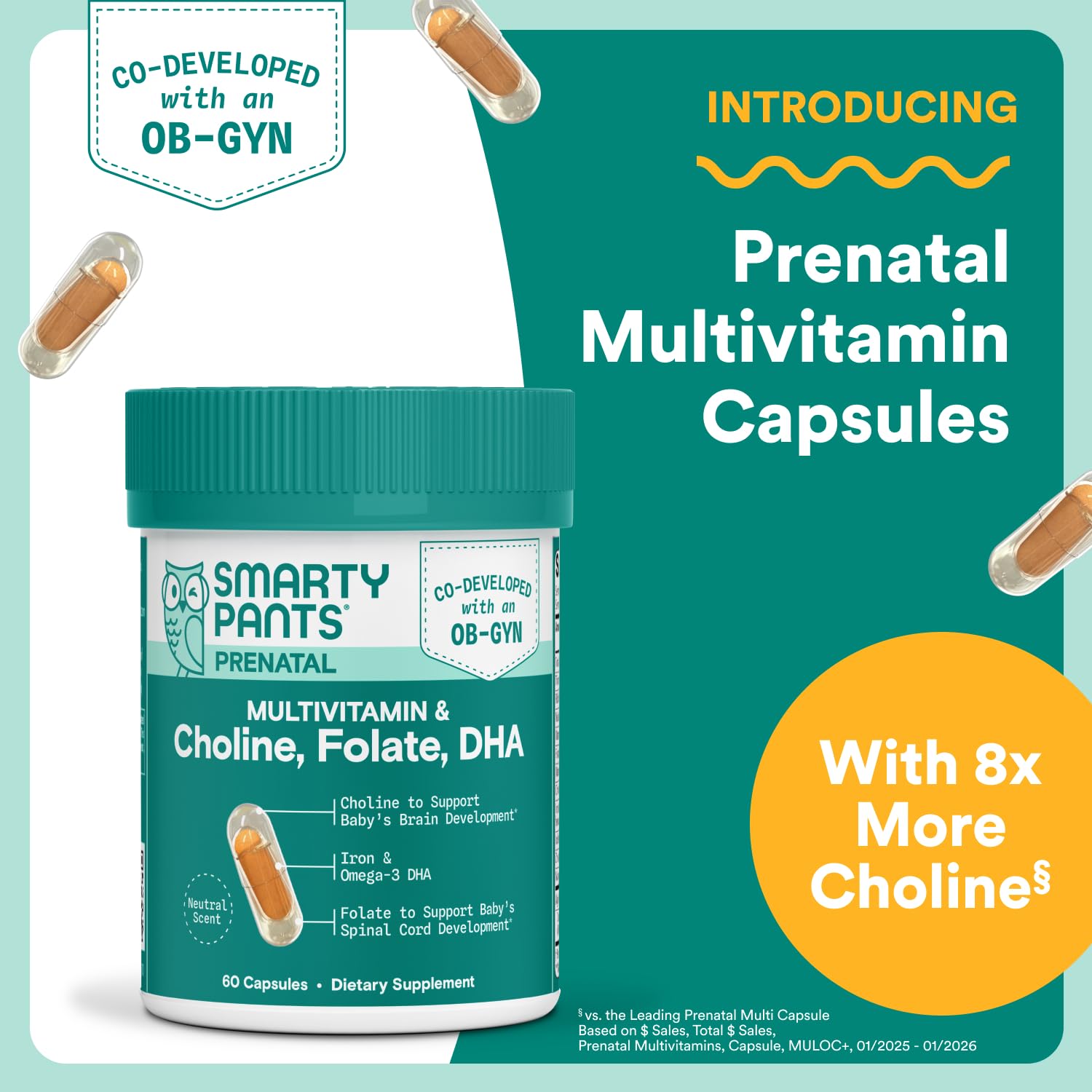 SmartyPants Prenatal Multivitamin Capsules back view showing ingredients