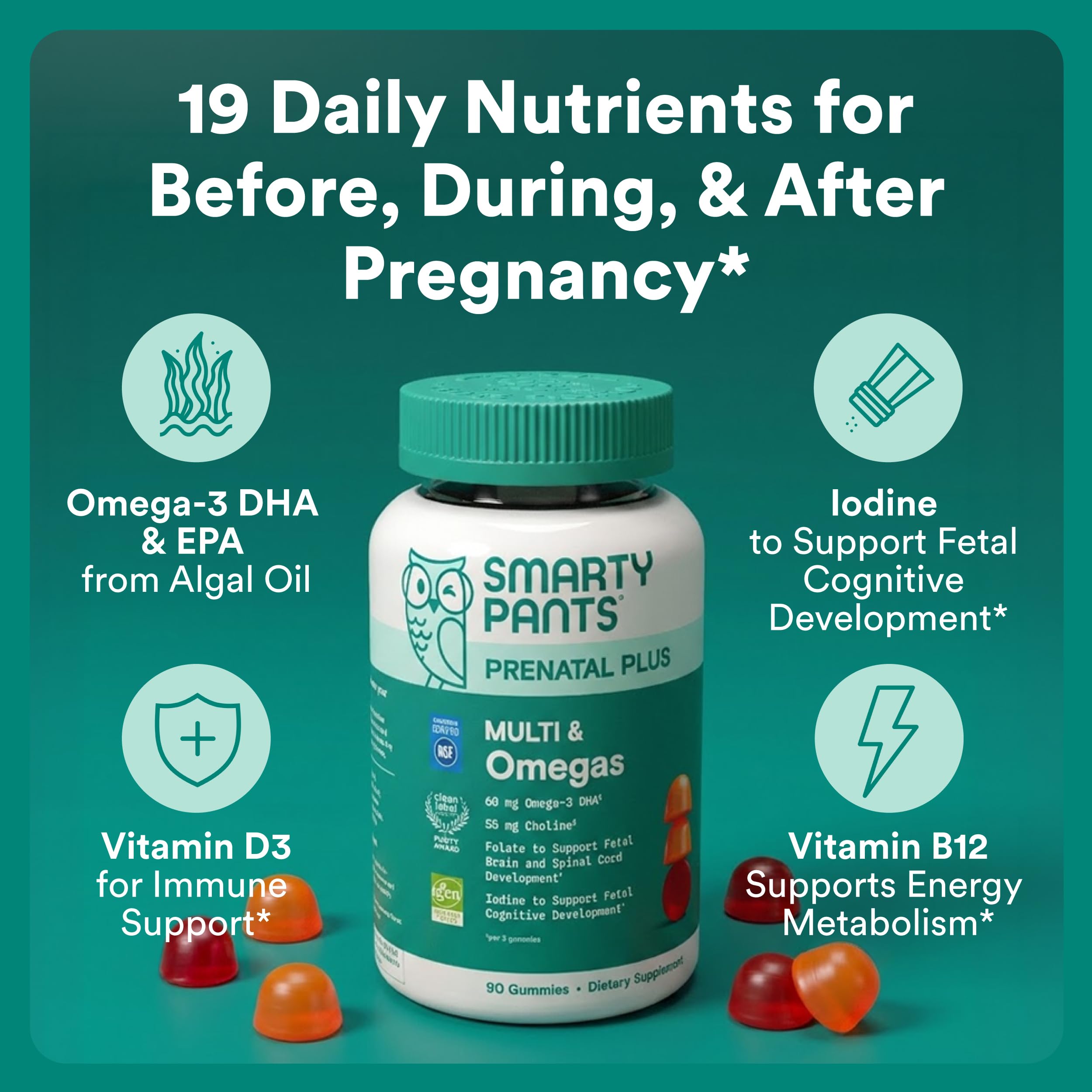 SmartyPants Prenatal Multivitamin Gummies showing three gummies