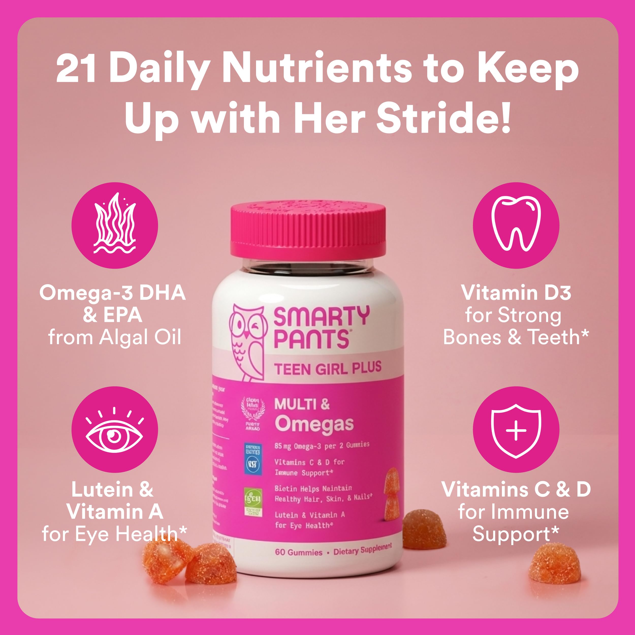 SmartyPants Teen Girl Multi & Omegas Gummies bottle side view