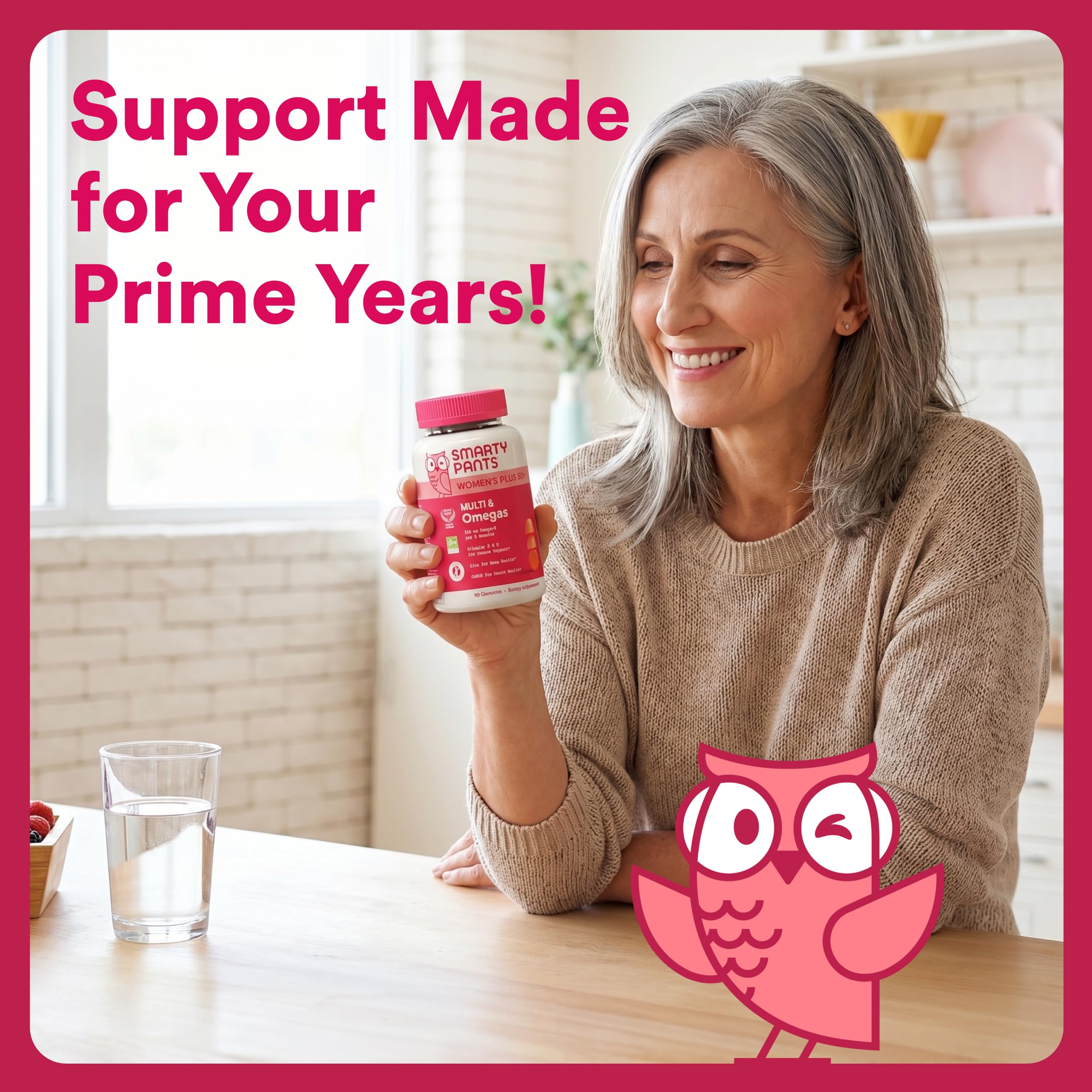 SmartyPants Women's 50+ Plus Multi & Omegas gummies on a kitchen counter