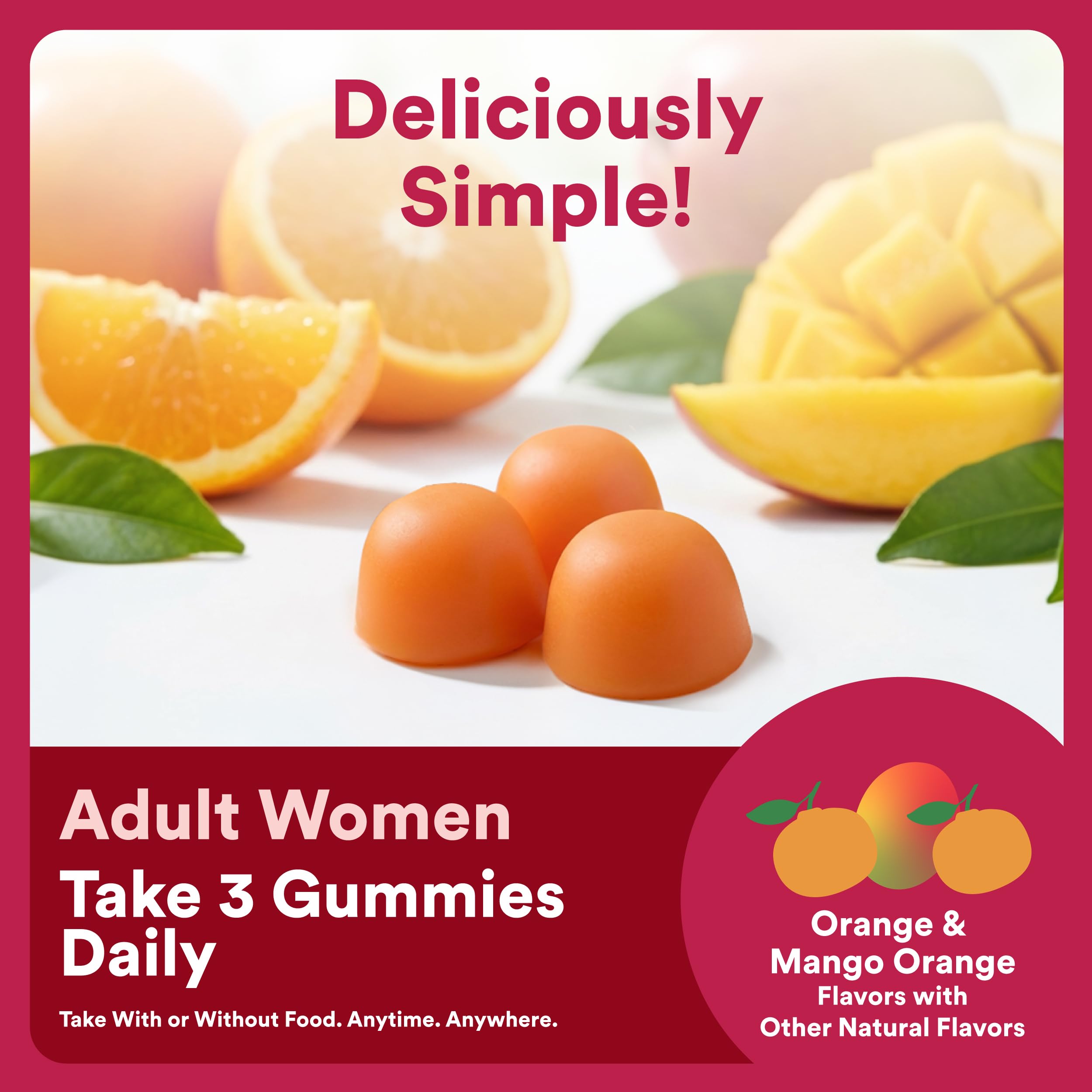 SmartyPants Women's 50+ Plus Multi & Omegas gummies with orange slices