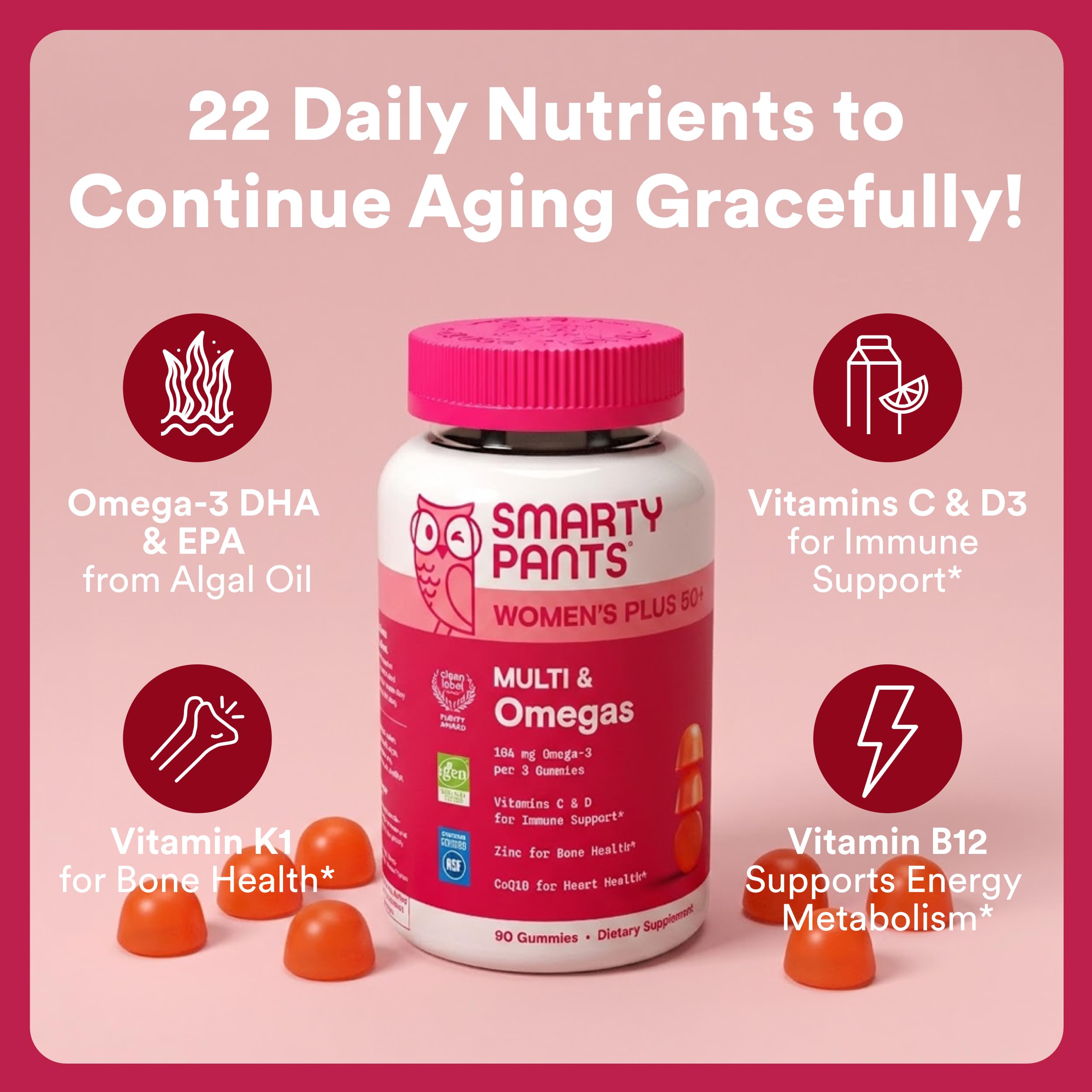 SmartyPants Women's 50+ Plus Multi & Omegas gummy vitamins packaging