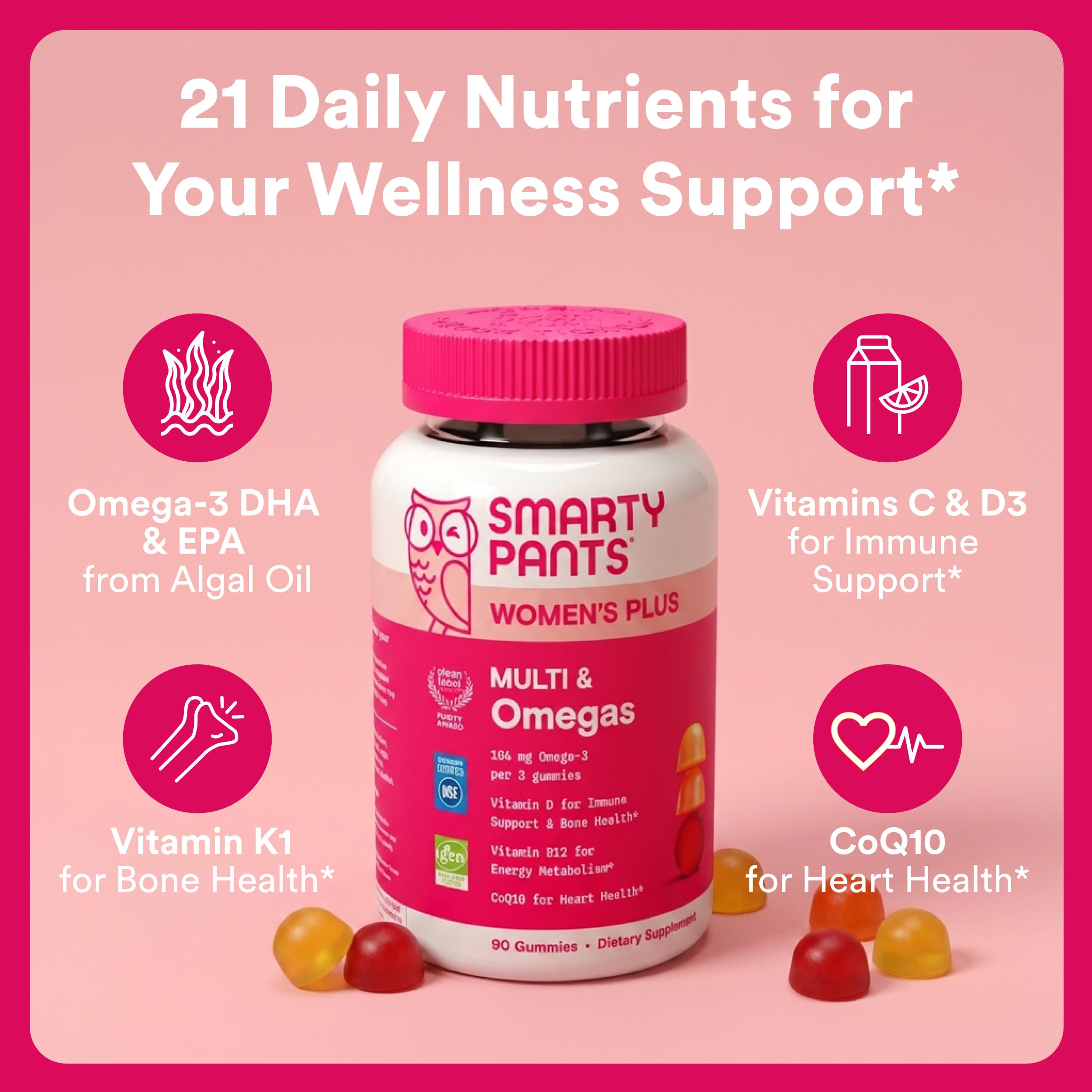 SmartyPants Women's Plus Multi & Omegas gummy vitamins bottle side view