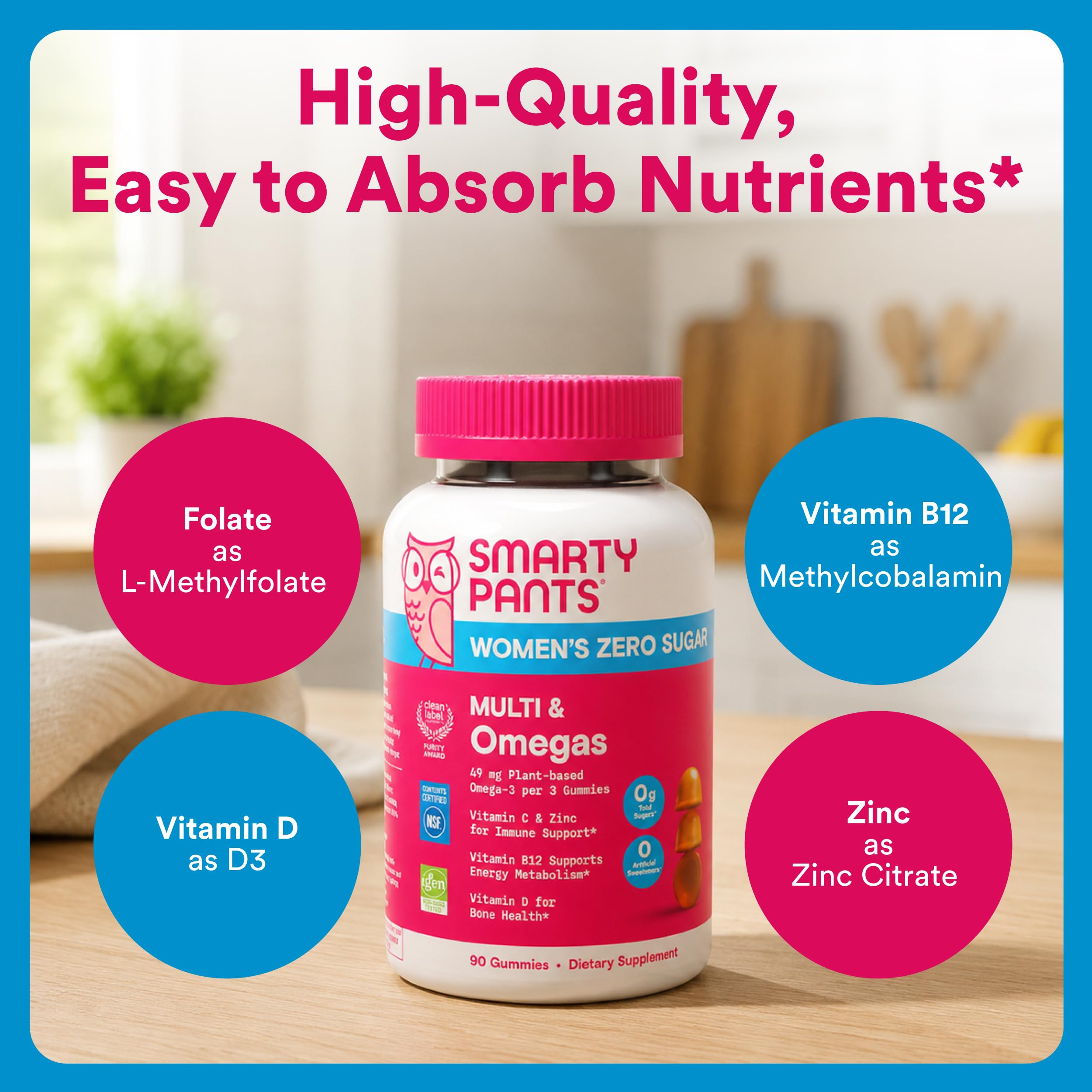 SmartyPants Women's Zero Sugar Multi & Omegas gummies in a bowl