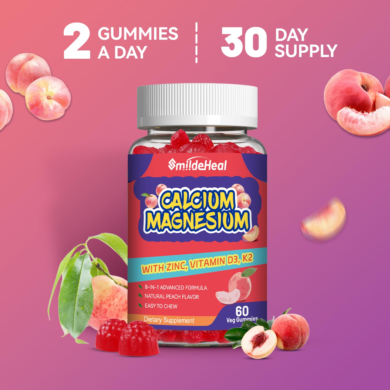 SmildeHeal Calcium Magnesium Gummies displayed with a measuring spoon