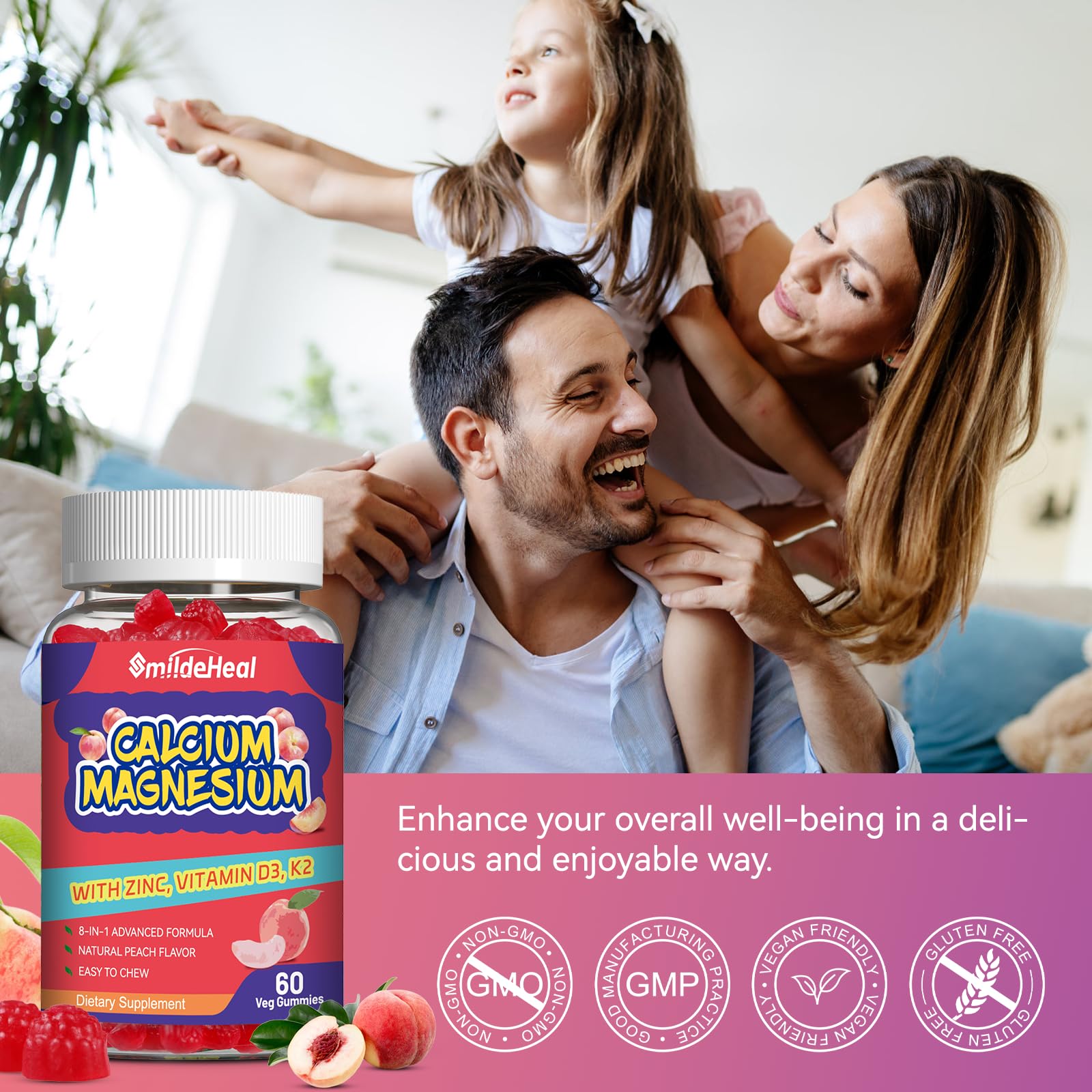 SmildeHeal Calcium Magnesium Gummies on a kitchen counter
