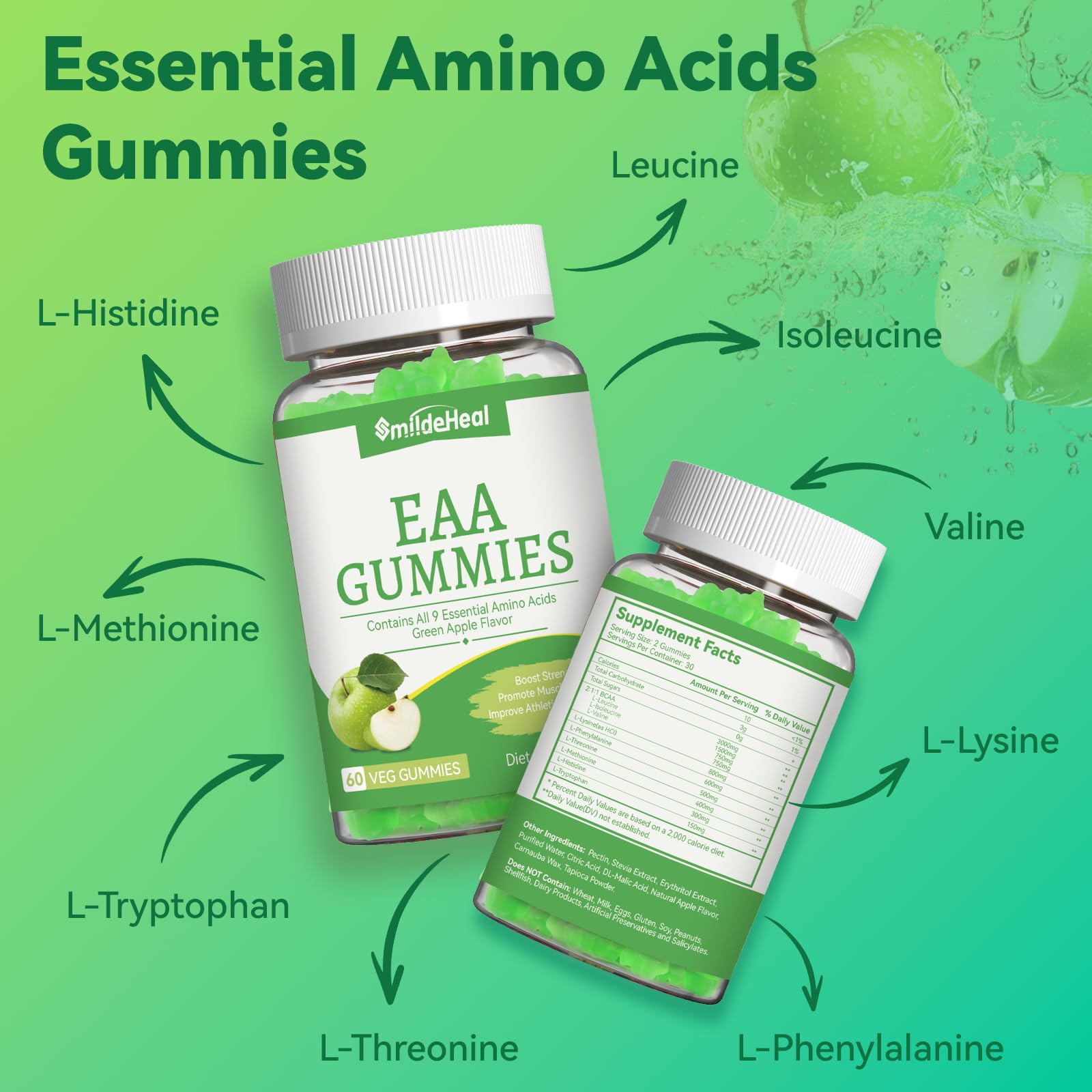 SmildeHeal EAA Gummies on a wooden table with fitness gear