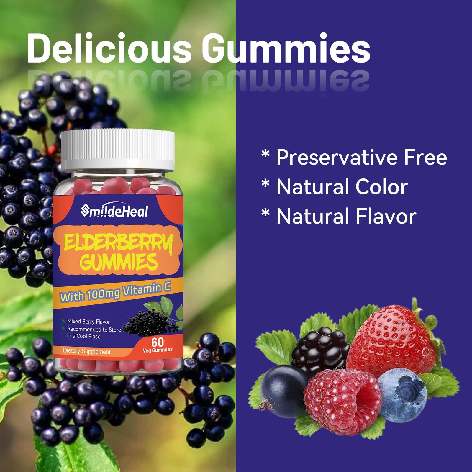SmildeHeal Elderberry Gummies with fresh strawberries