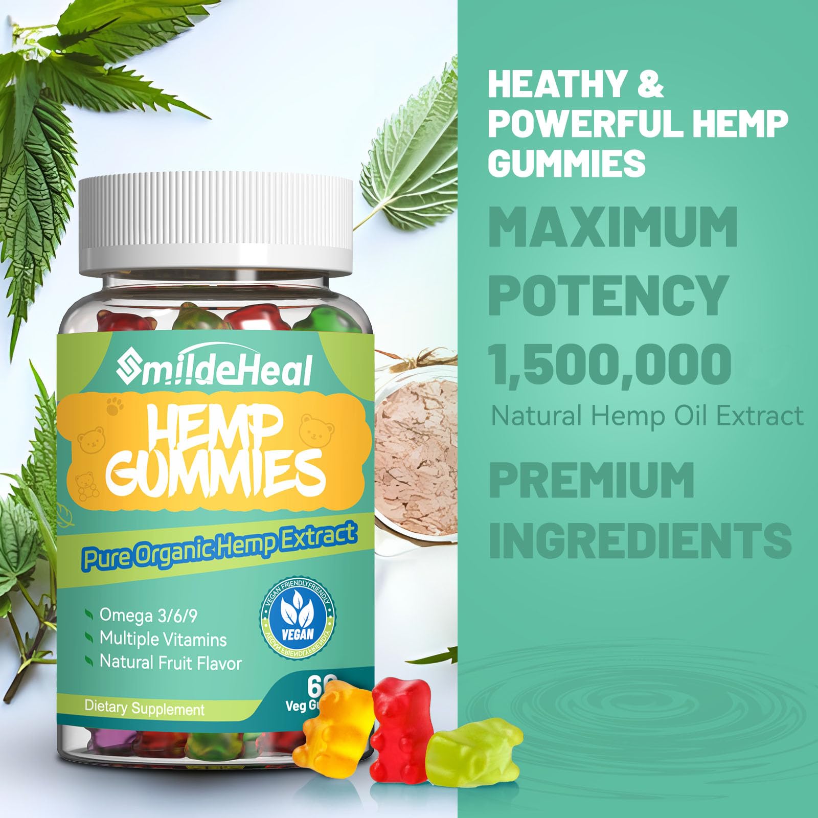 SmildeHeal Hemp Gummies Omega 3-6-9 bottle side view
