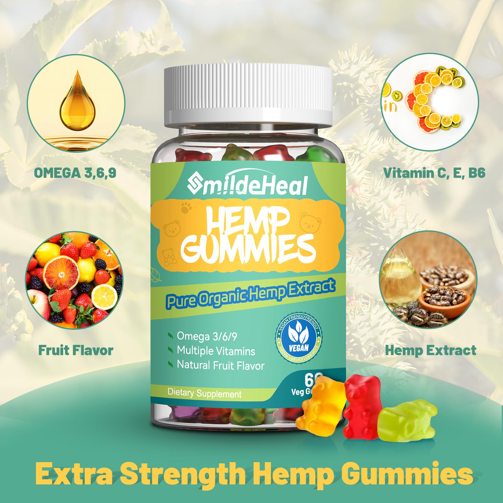 SmildeHeal Hemp Gummies Omega 3-6-9 gummies on a wooden table