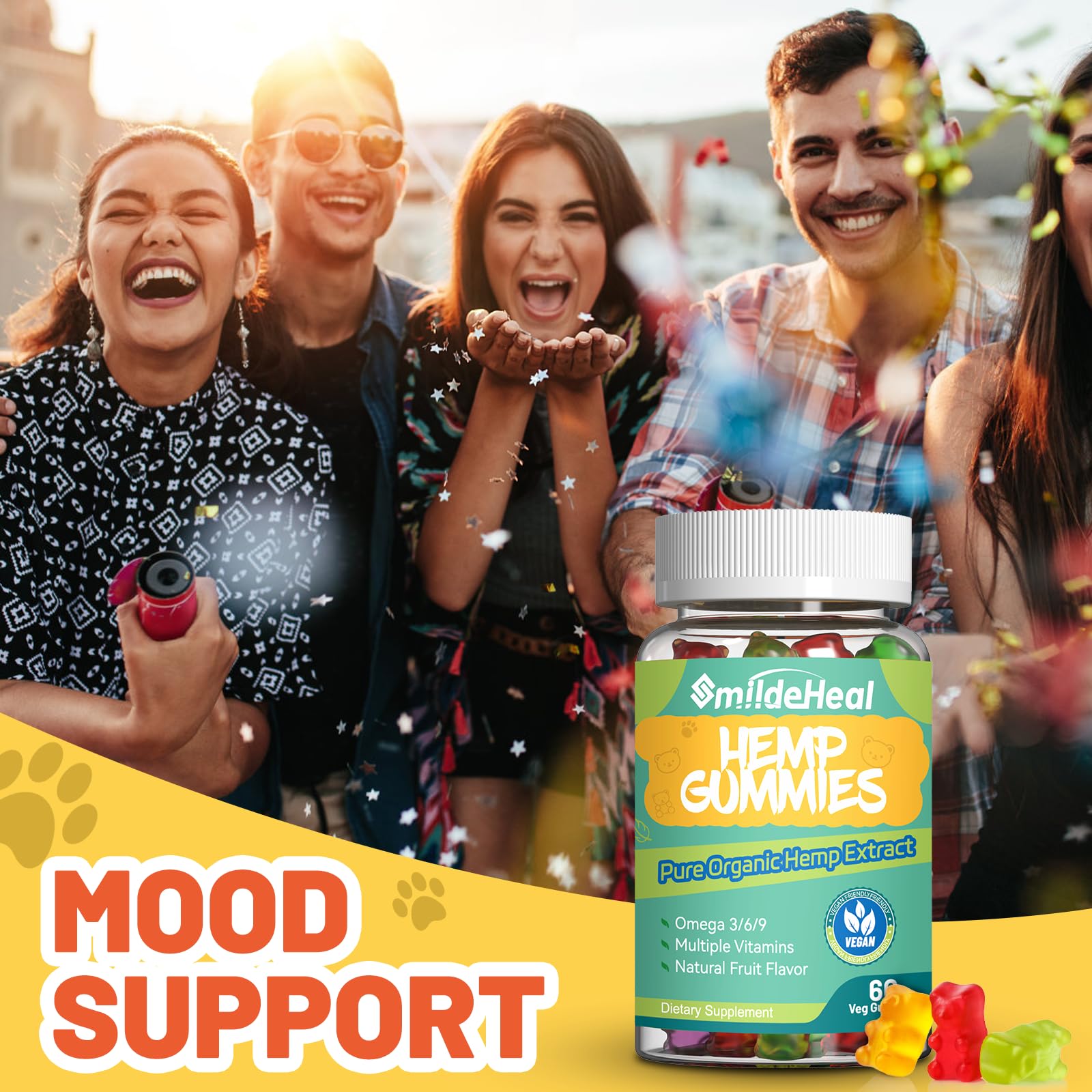 SmildeHeal Hemp Gummies Omega 3-6-9 gummy bears in a bowl