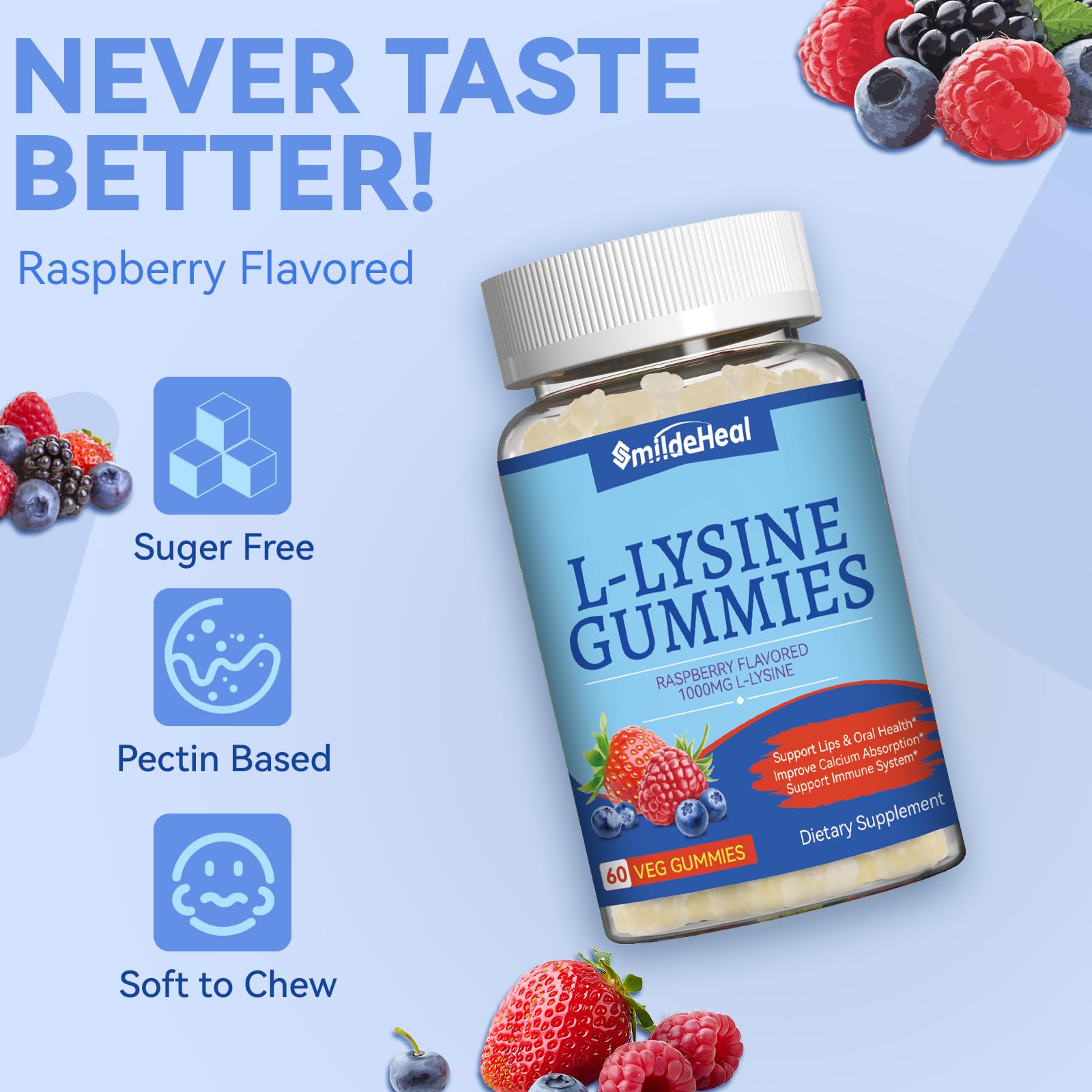 SmildeHeal L-Lysine 1000mg Gummies showing two gummies