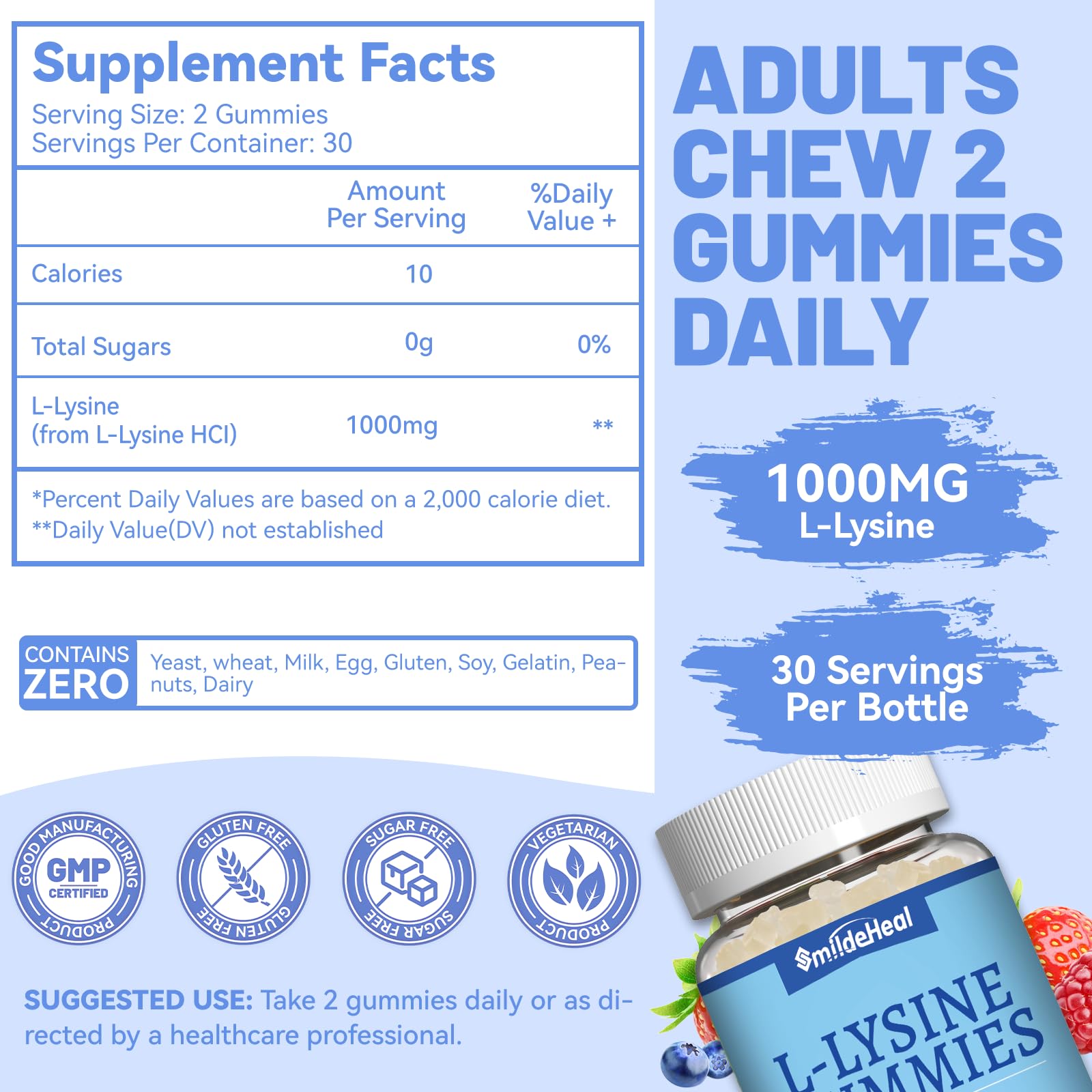 SmildeHeal L-Lysine 1000mg Gummies side view of the bottle