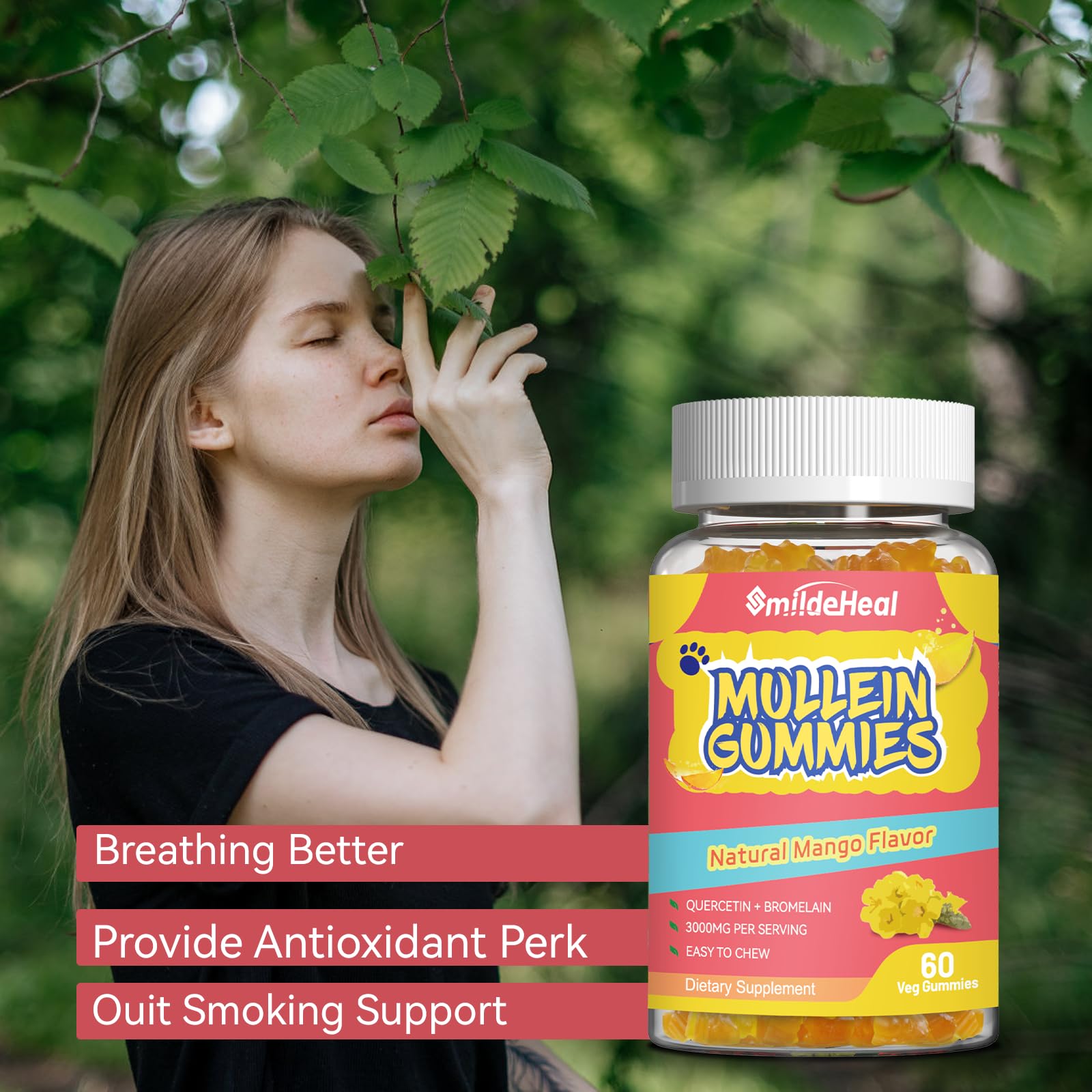 SmildeHeal Mullein Gummies displayed with other herbal supplements