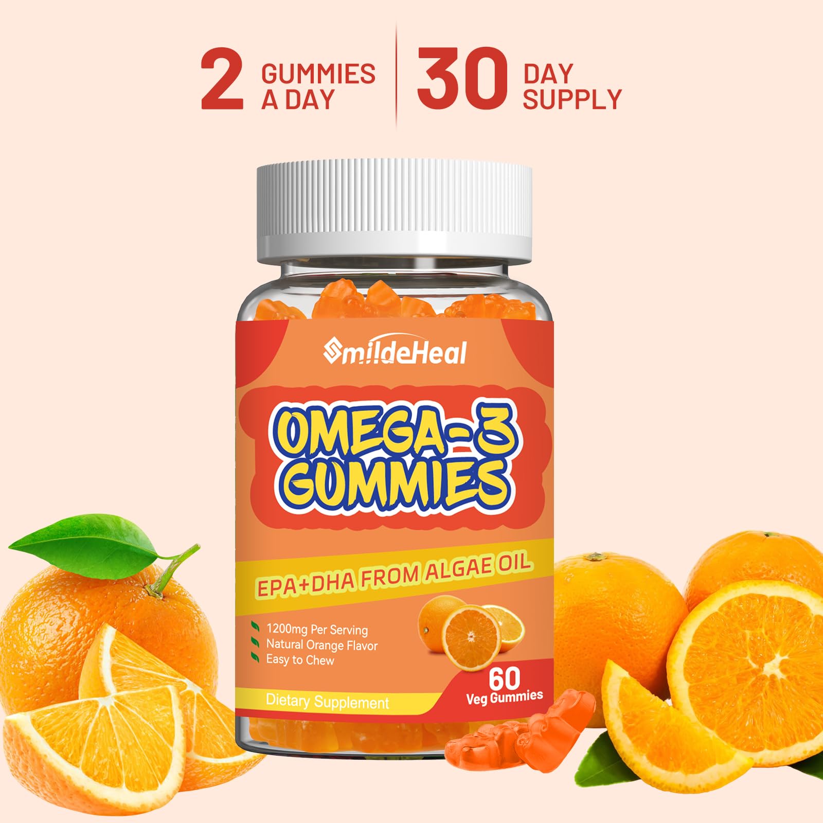 SmildeHeal Omega-3 Fish Oil Gummies on a kitchen counter