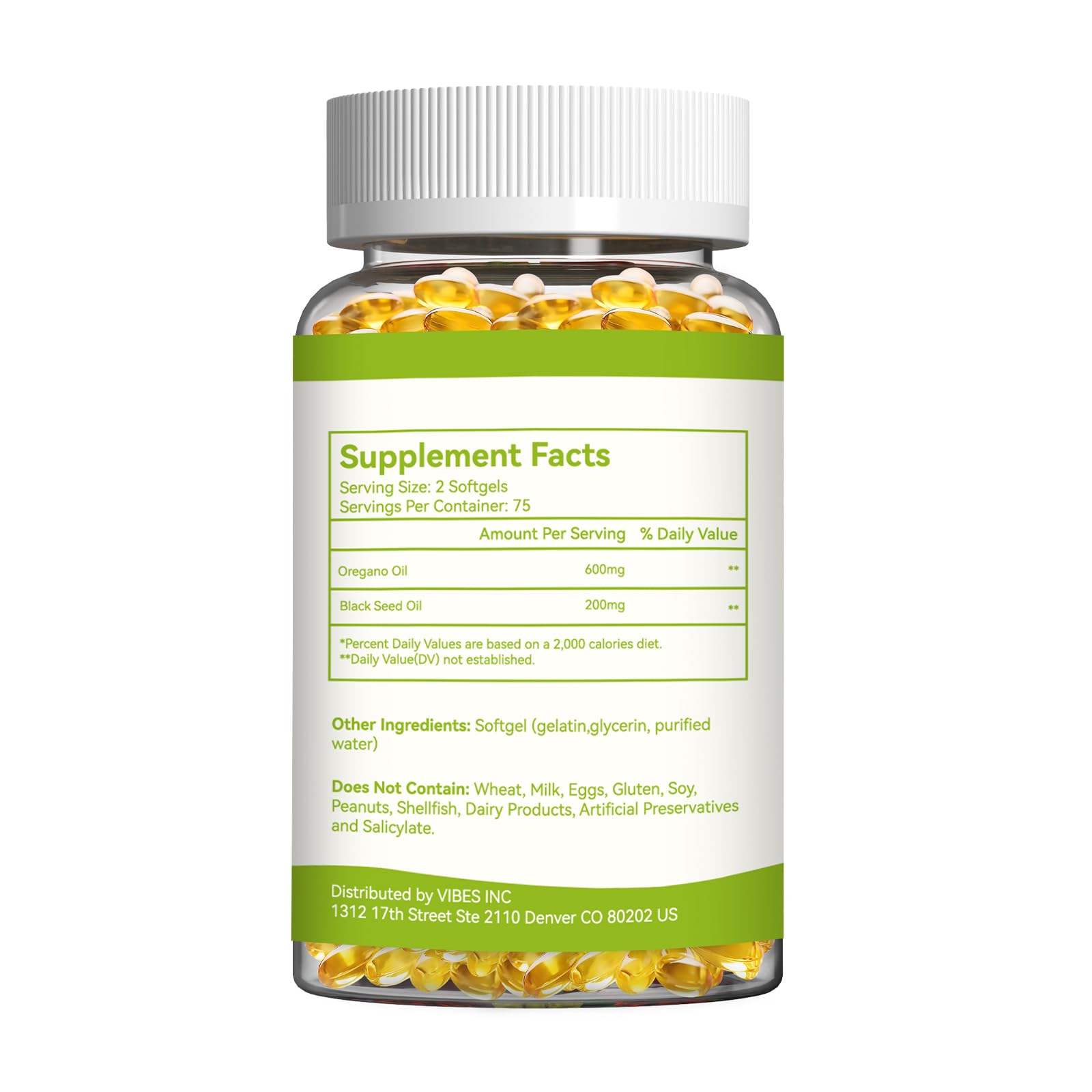 SmildeHeal Oregano Oil Softgels showing serving size of 2 softgels