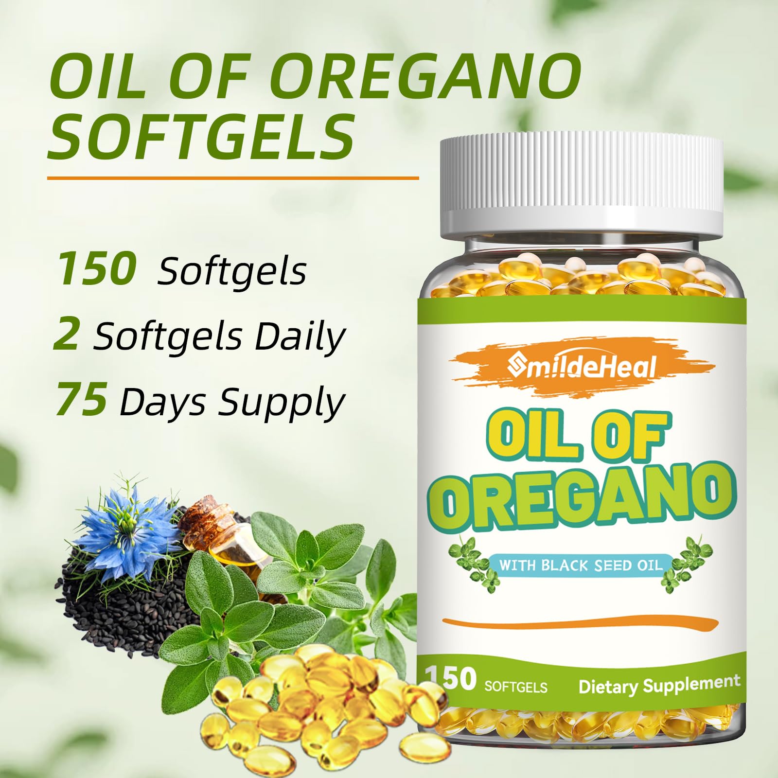 SmildeHeal Oregano Oil Softgels with black seed oil highlighted