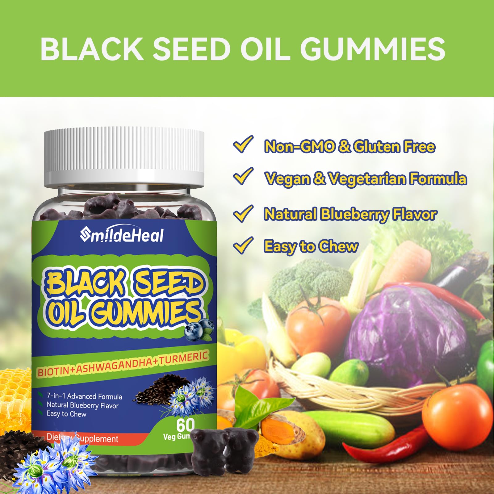SmildeHeal Organic Black Seed Oil Gummies side view showing texture