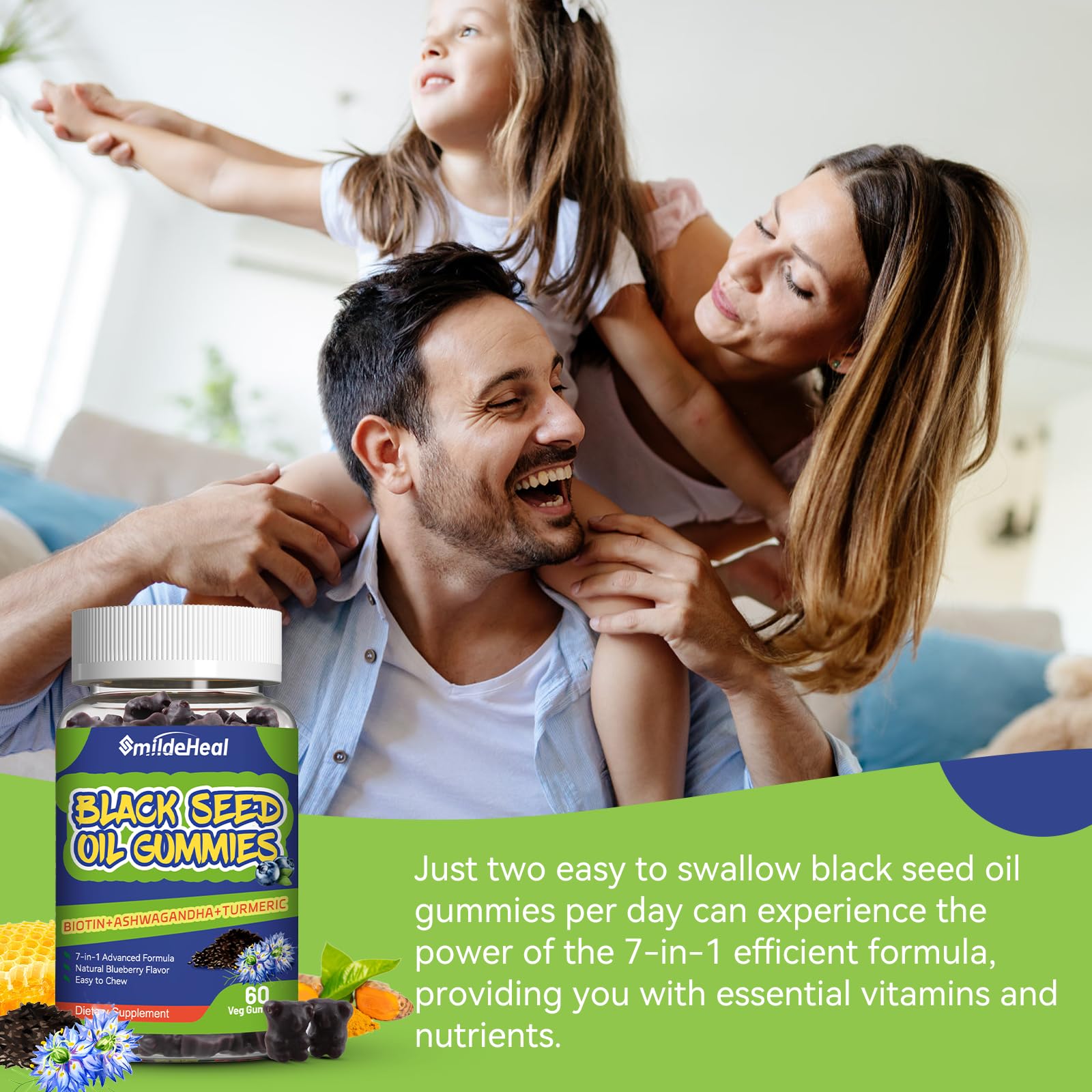 SmildeHeal Organic Black Seed Oil Gummies with fresh blueberries