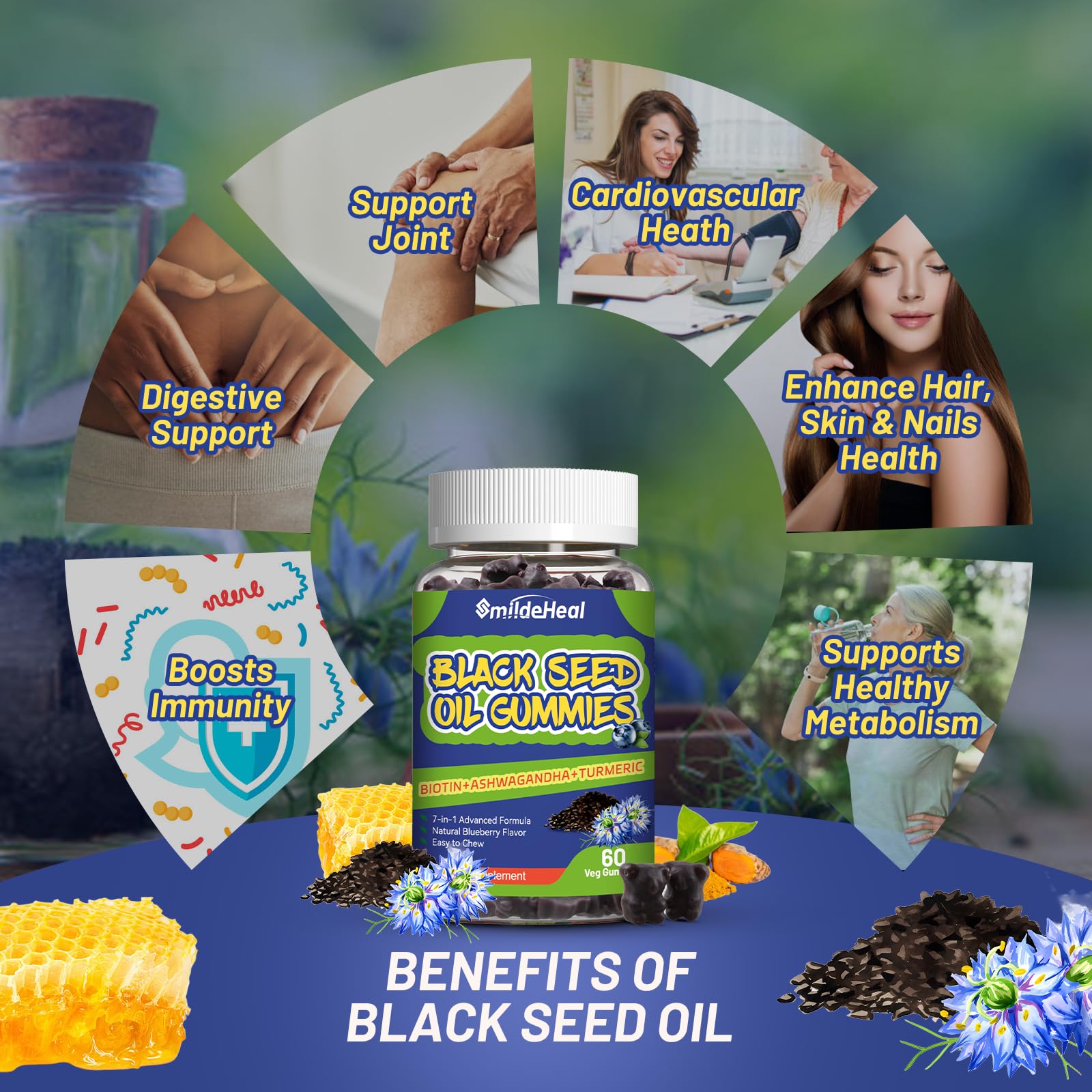 SmildeHeal Organic Black Seed Oil Gummies with ingredients