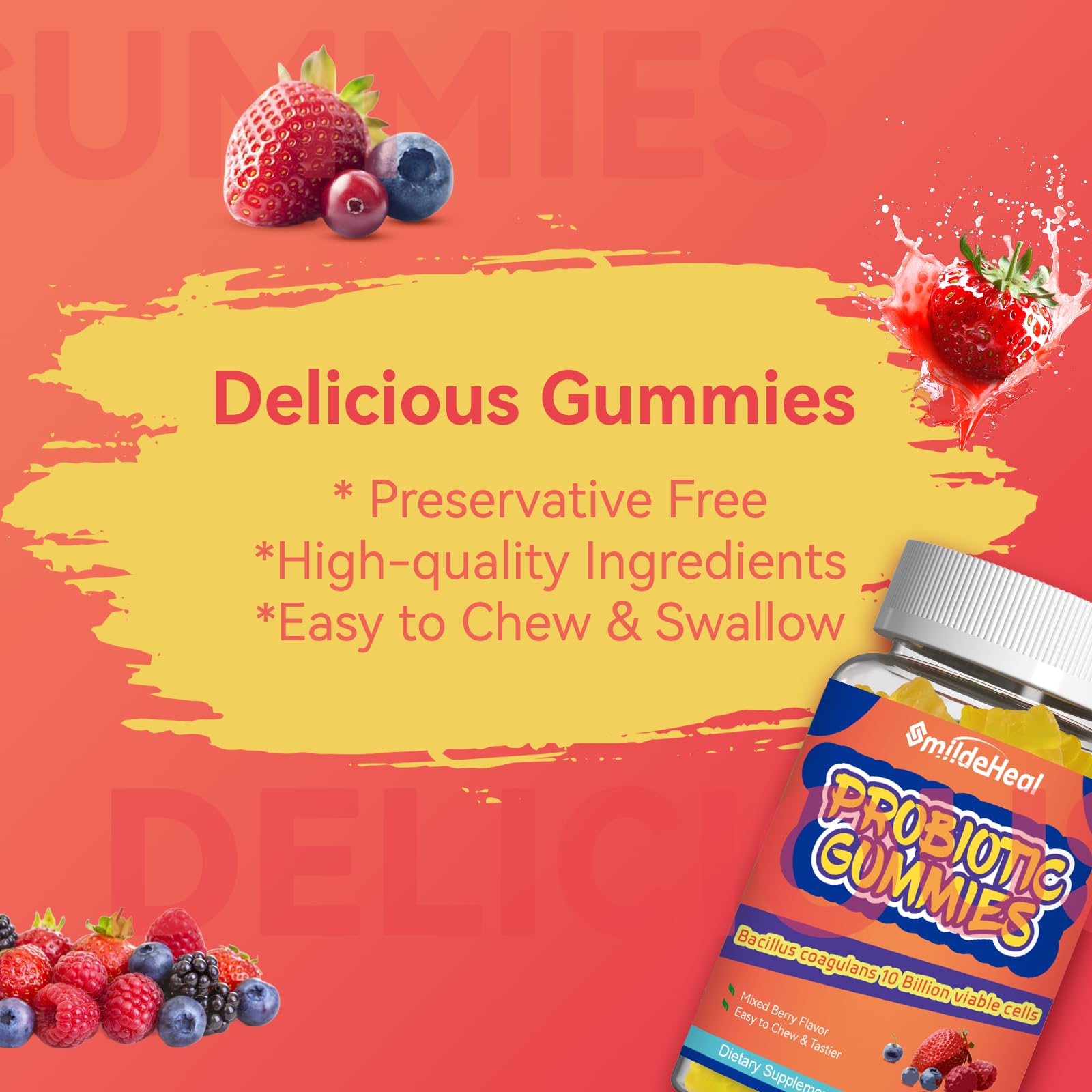 SmildeHeal Probiotic Gummies displayed with fresh strawberries and berries
