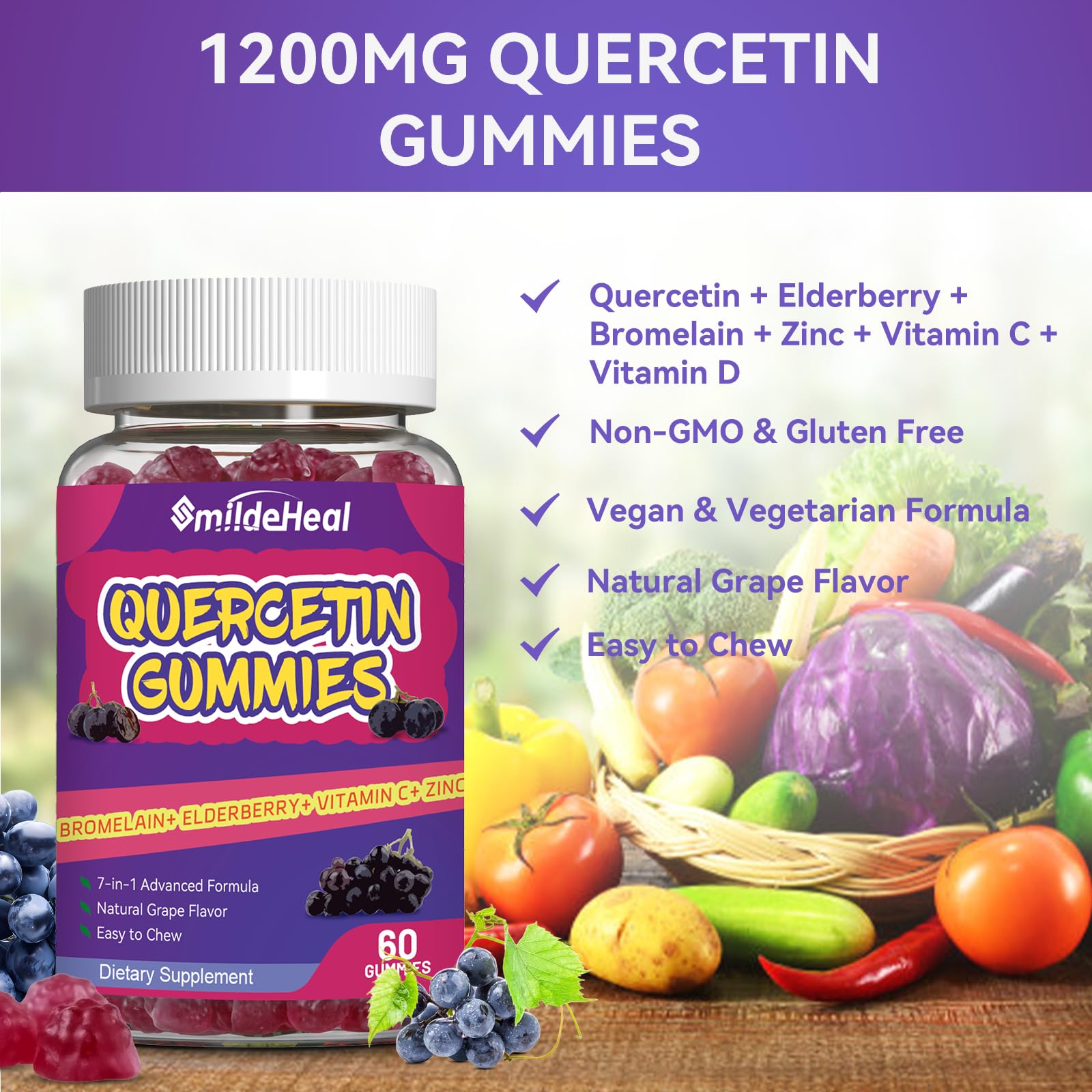 SmildeHeal Quercetin Gummies 1200mg ingredients list