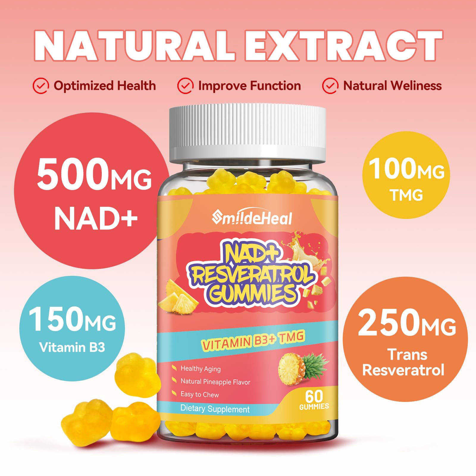 SmildeHeal Resveratrol Gummies on a wooden table