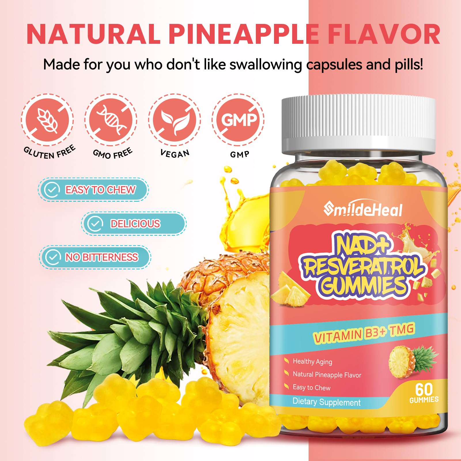 SmildeHeal Resveratrol Gummies with a hand holding a gummy