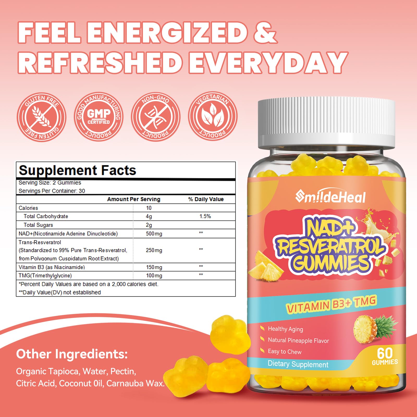 SmildeHeal Resveratrol Gummies with fresh fruit background