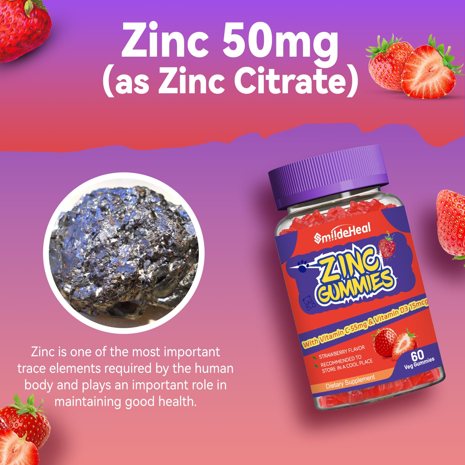 SmildeHeal Zinc Gummies on a wooden table