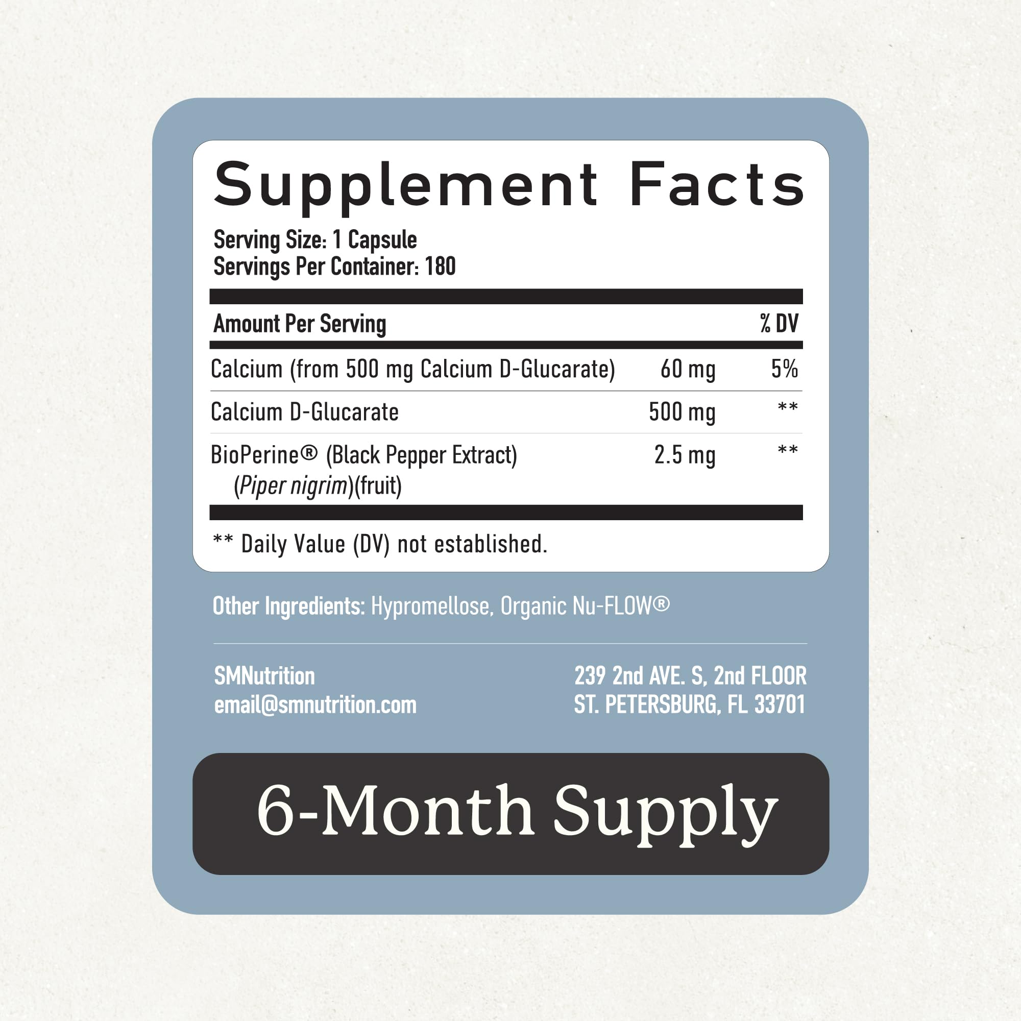 SMNutrition Calcium D Glucarate 500mg capsules on a table