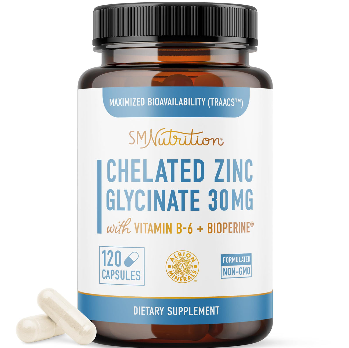 SMNutrition Chelated Zinc Glycinate 30mg supplement front view