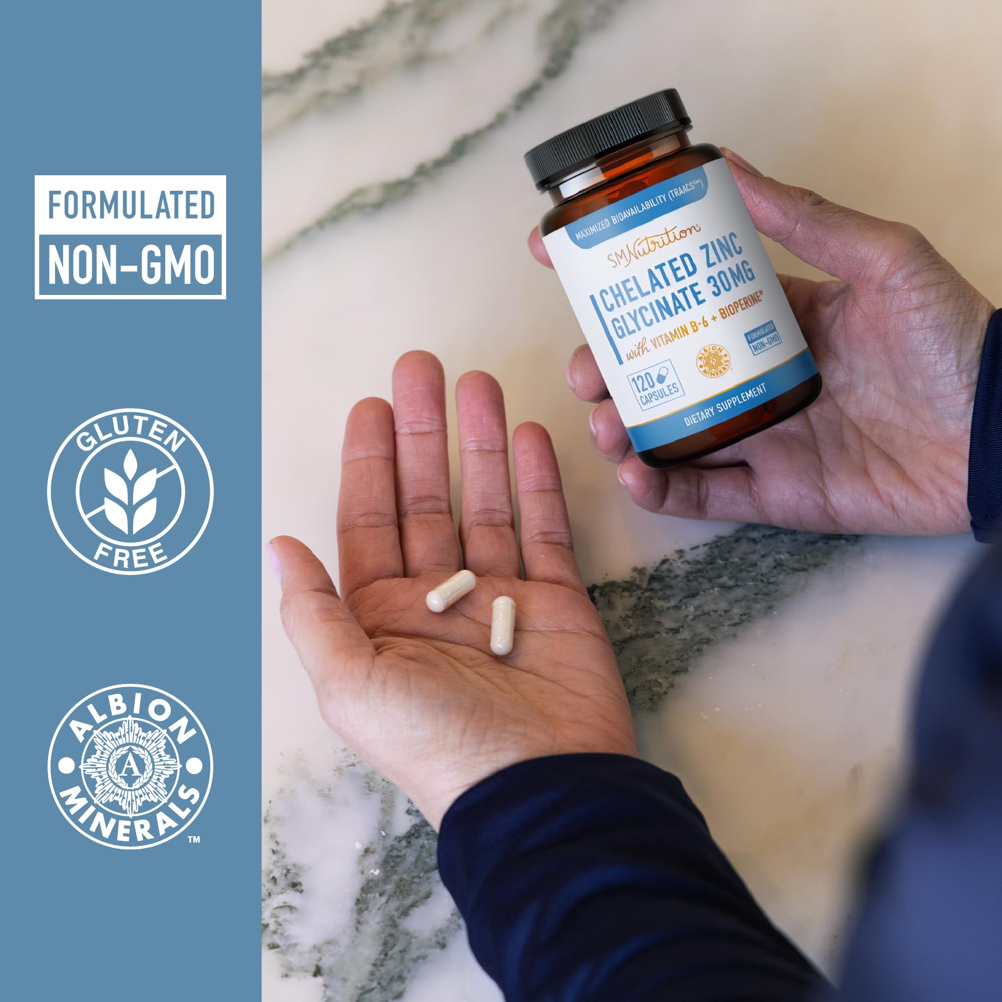 SMNutrition Chelated Zinc Glycinate 30mg supplement packaging details