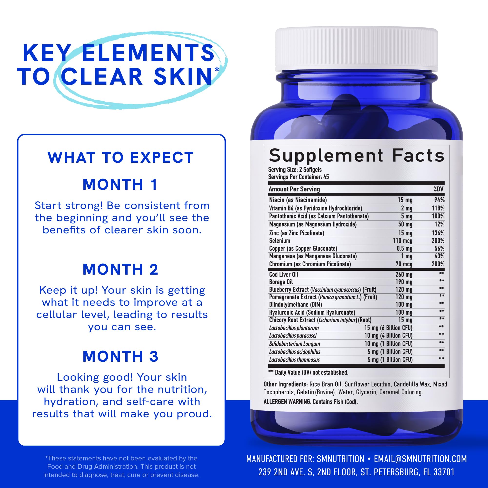 SMNutrition Clear Skin Supplement with a measuring spoon