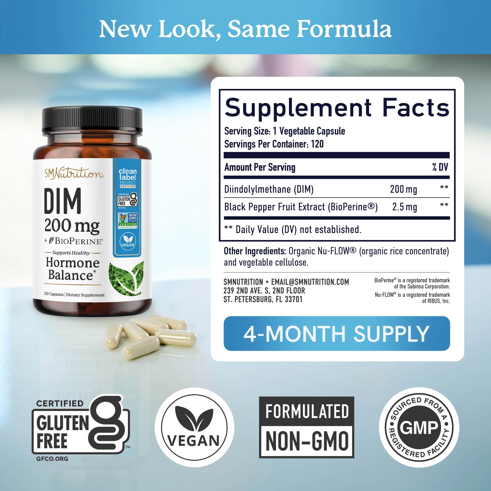 SMNutrition DIM 200 with BioPerine capsules in a hand