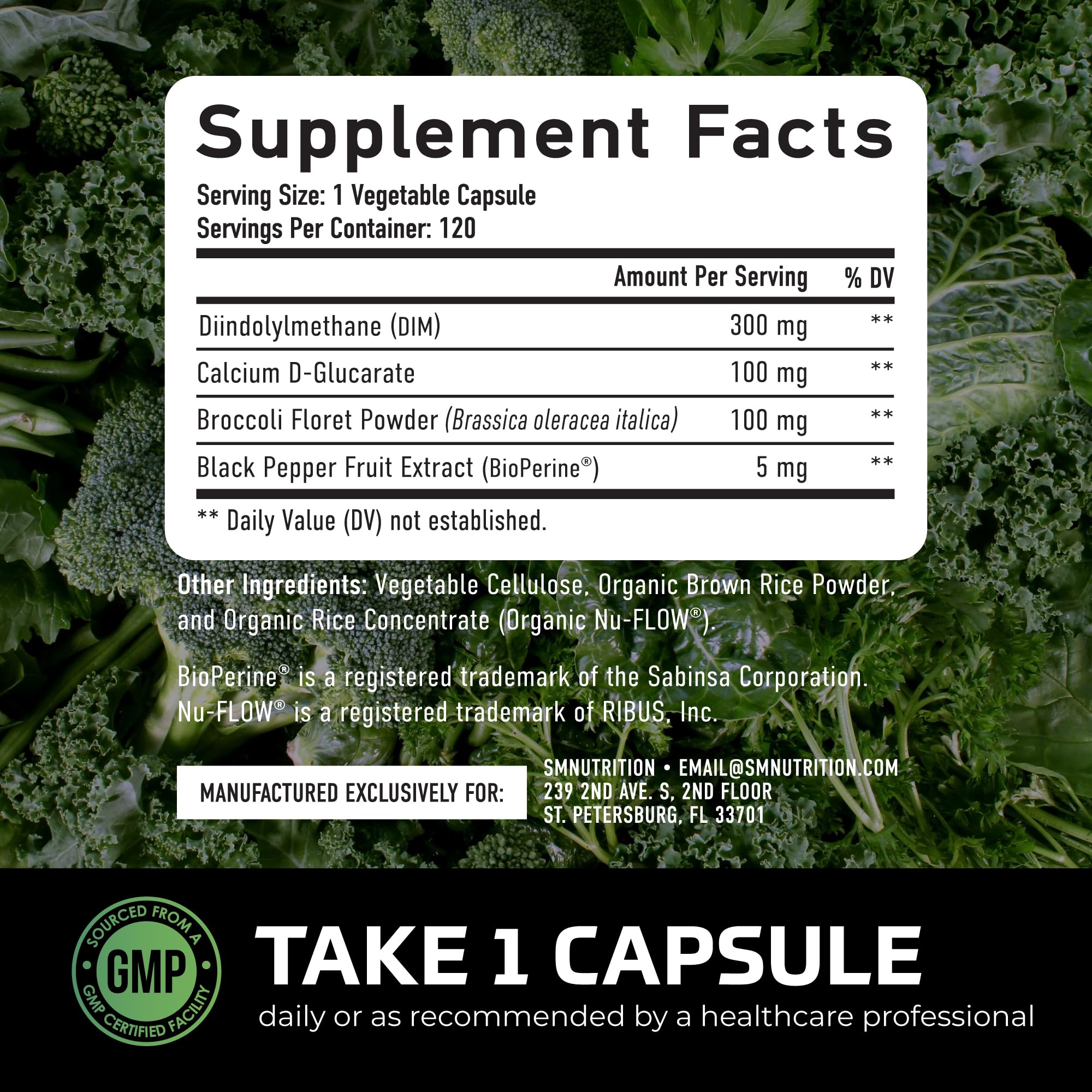 SMNutrition DIM 300mg Supplement bottle with a backdrop of broccoli