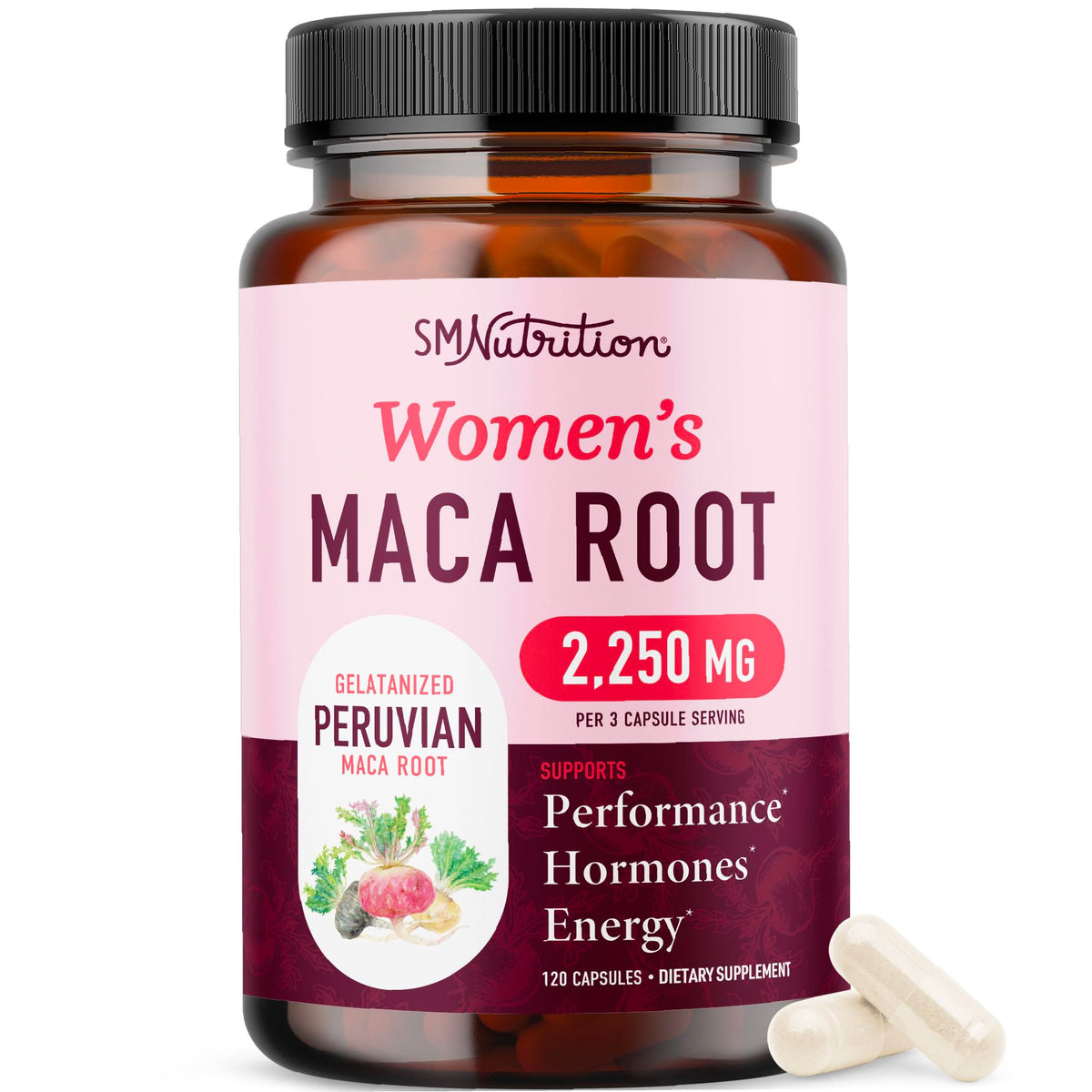 SMNutrition Women's Maca Root Capsules front view with label