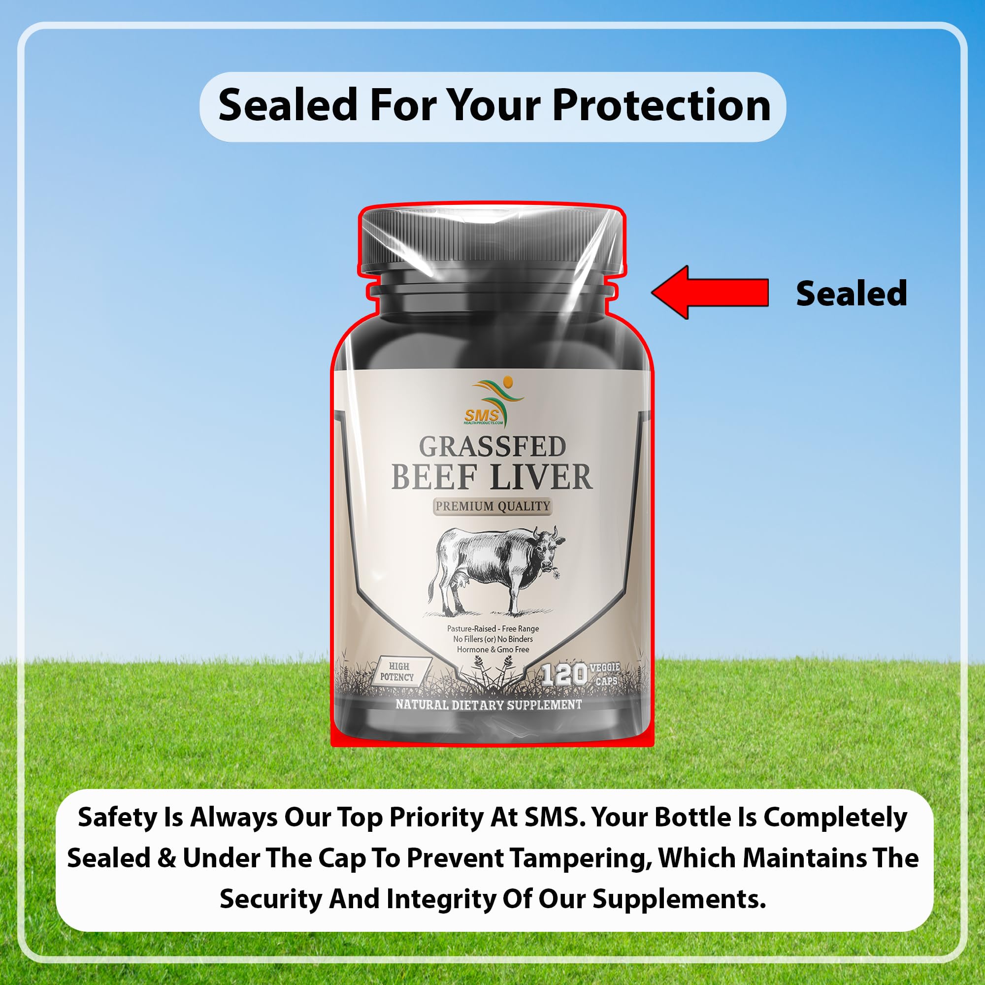 SMSHEALTHPRODUCTS.com Beef Liver Extract 2000mg bottle top view