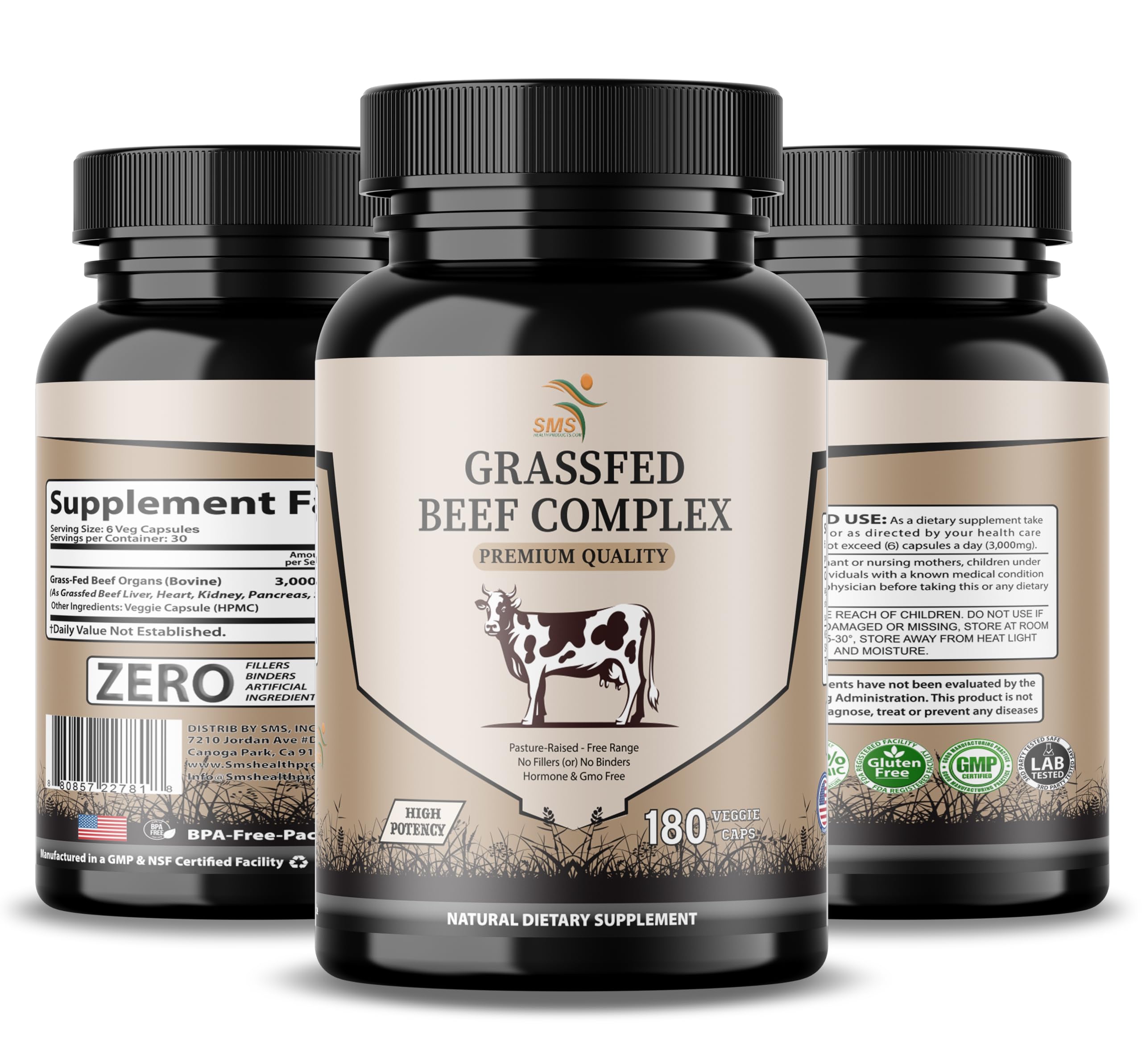 SMSHEALTHPRODUCTS.com Beef Organ Complex Capsules on a wooden table