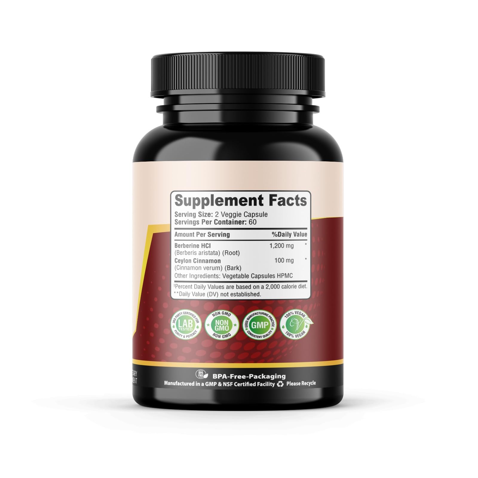 SMSHEALTHPRODUCTS.com Berberine+ with Ceylon Cinnamon 1200mg bottle side view