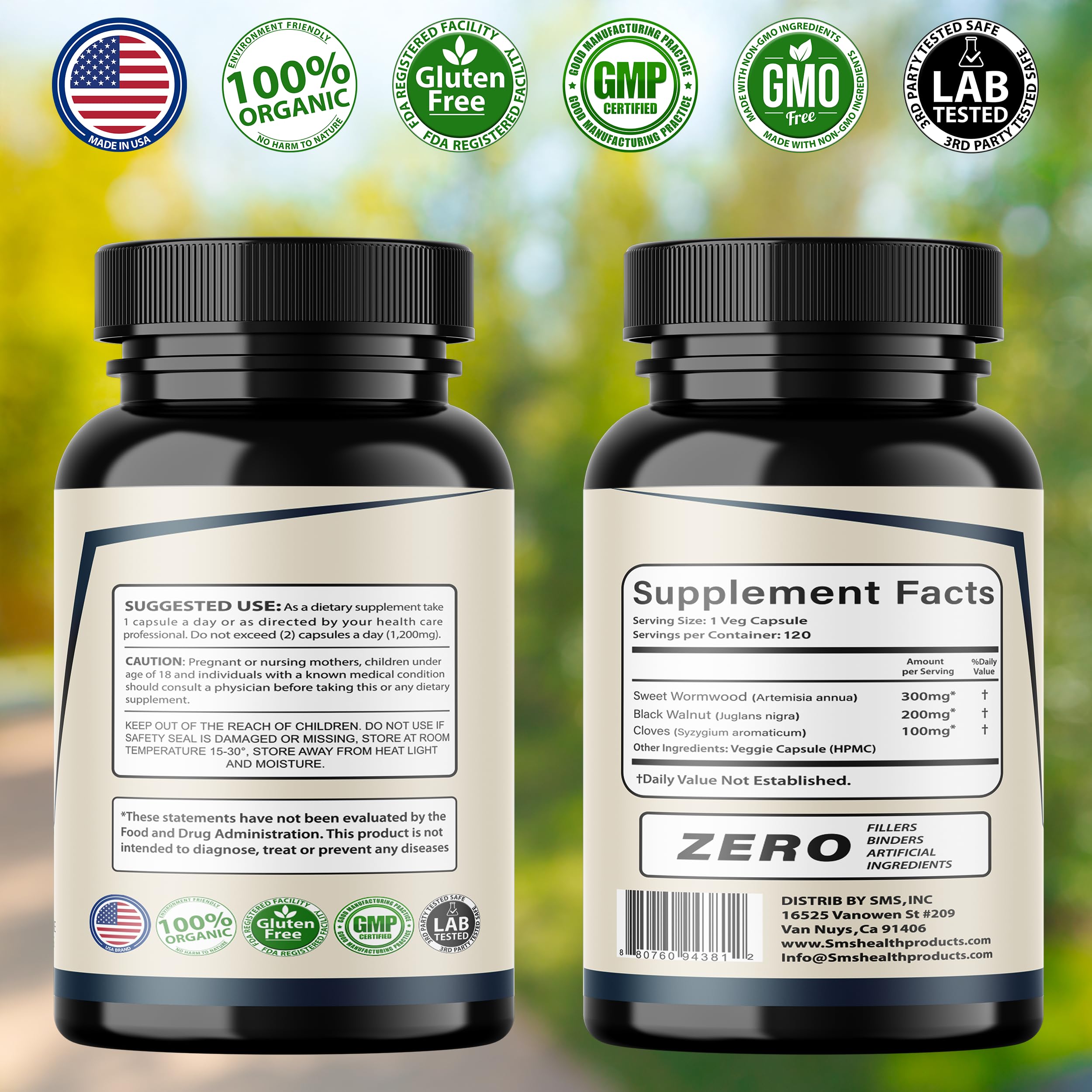 SMSHEALTHPRODUCTS.com Herbal Supplement capsules on a wooden surface