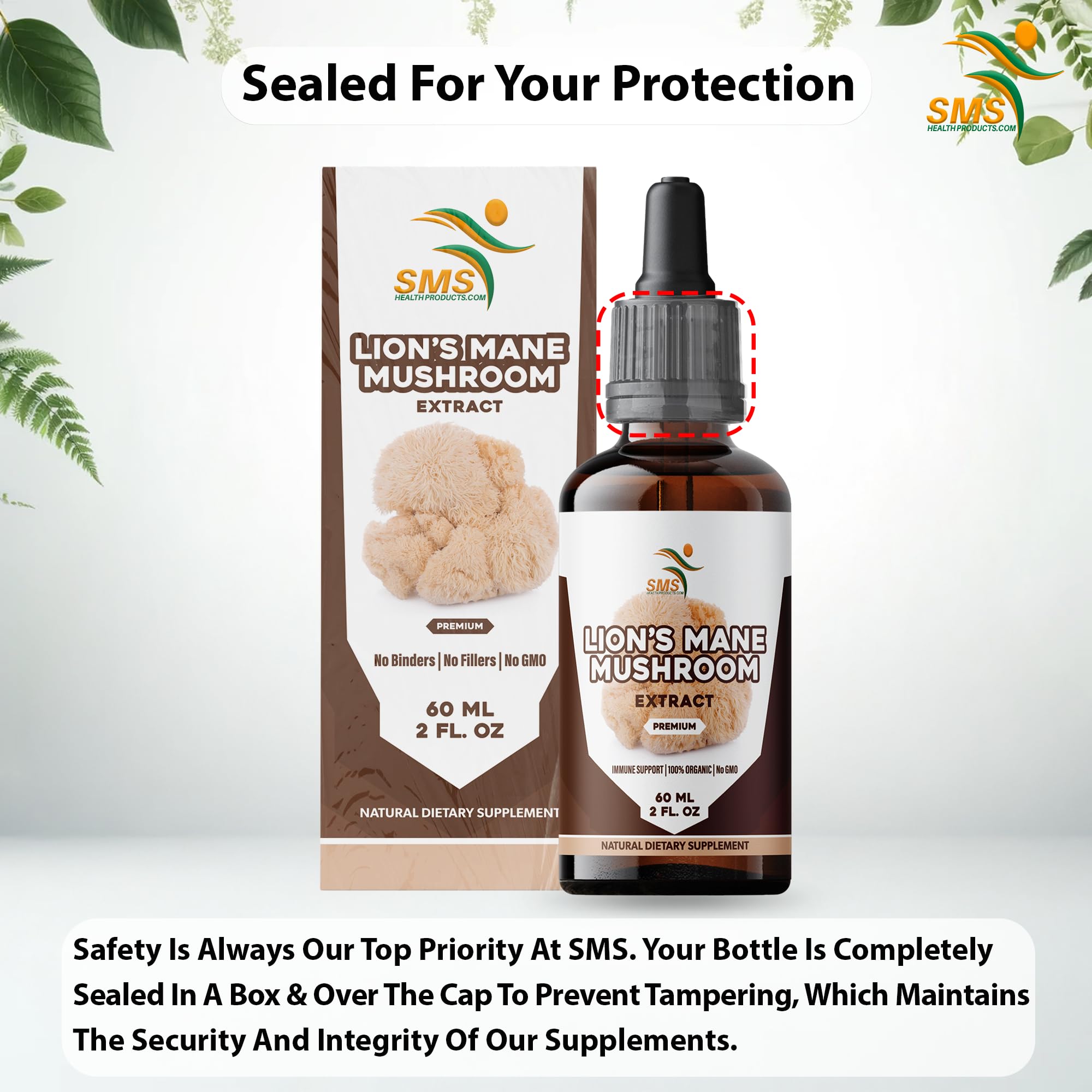 SMSHEALTHPRODUCTS.com Lion’s Mane Mushroom Extract bottle with measuring dropper