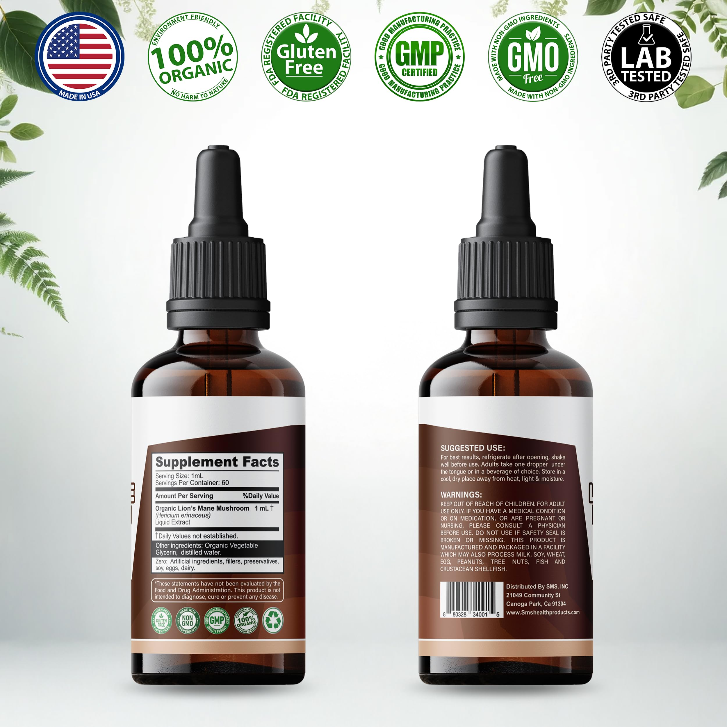 SMSHEALTHPRODUCTS.com Lion’s Mane Mushroom Extract liquid drops in a glass