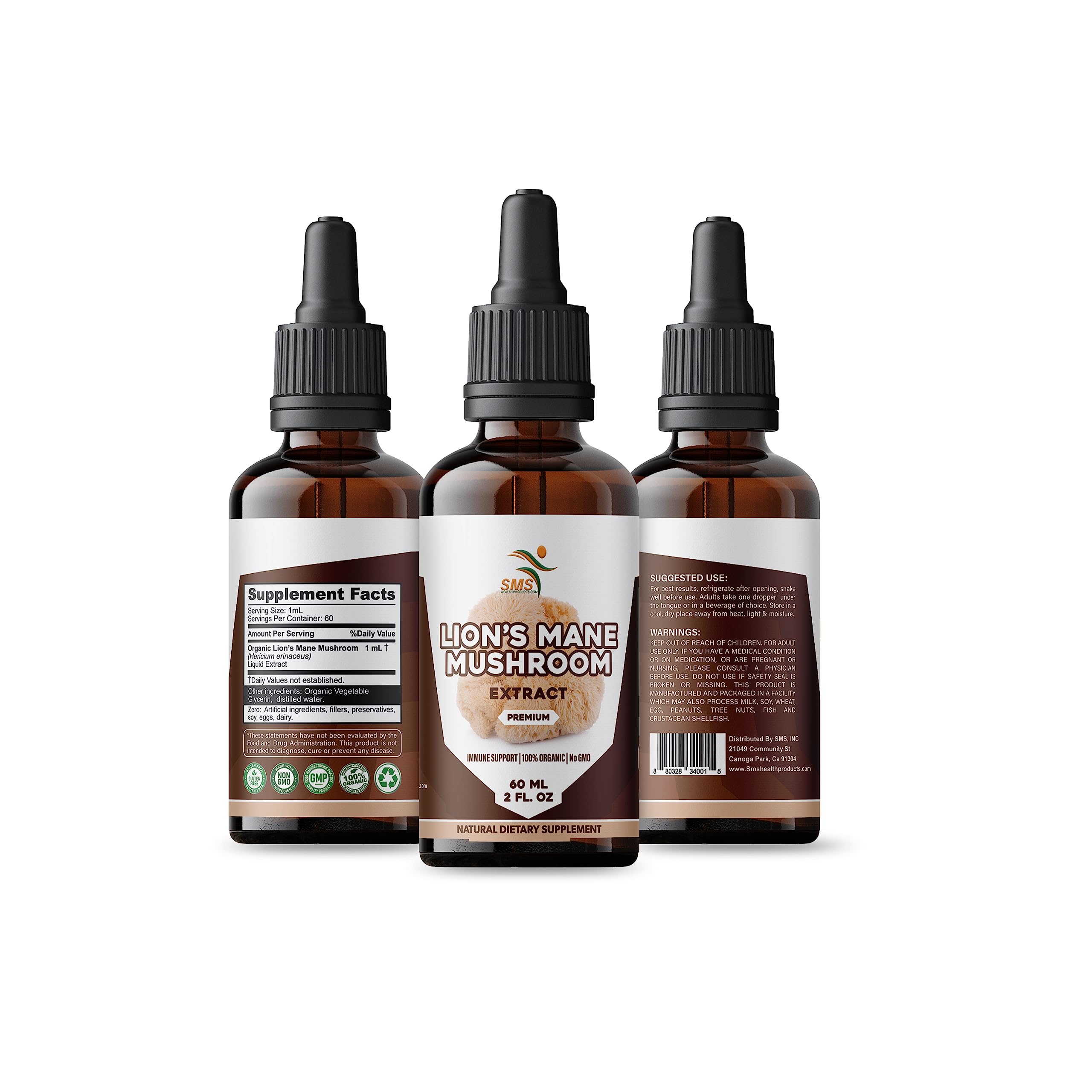SMSHEALTHPRODUCTS.com Lion’s Mane Mushroom Extract packaging details