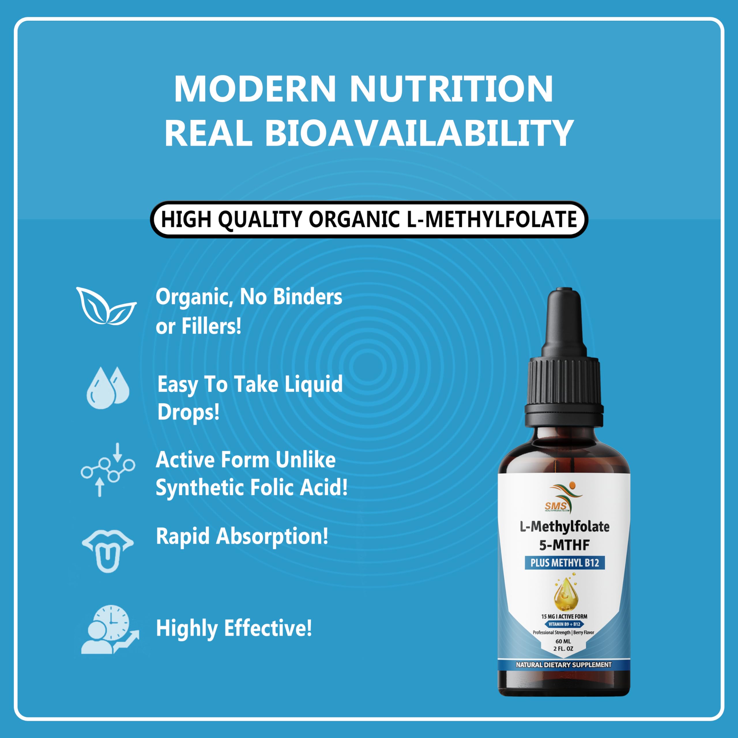 SMSHEALTHPRODUCTS.com Organic L-Methylfolate 5-MTHF Drops bottle side view