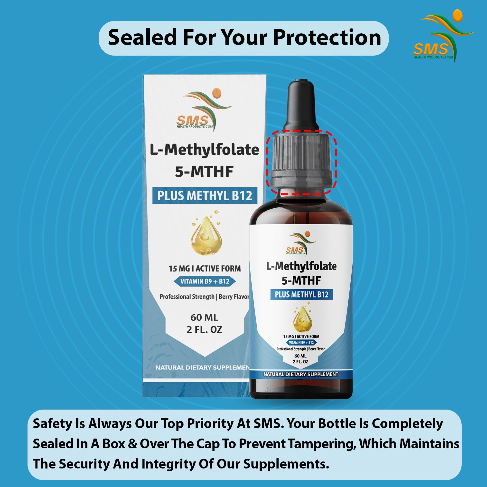 SMSHEALTHPRODUCTS.com Organic L-Methylfolate 5-MTHF Drops with measuring dropper