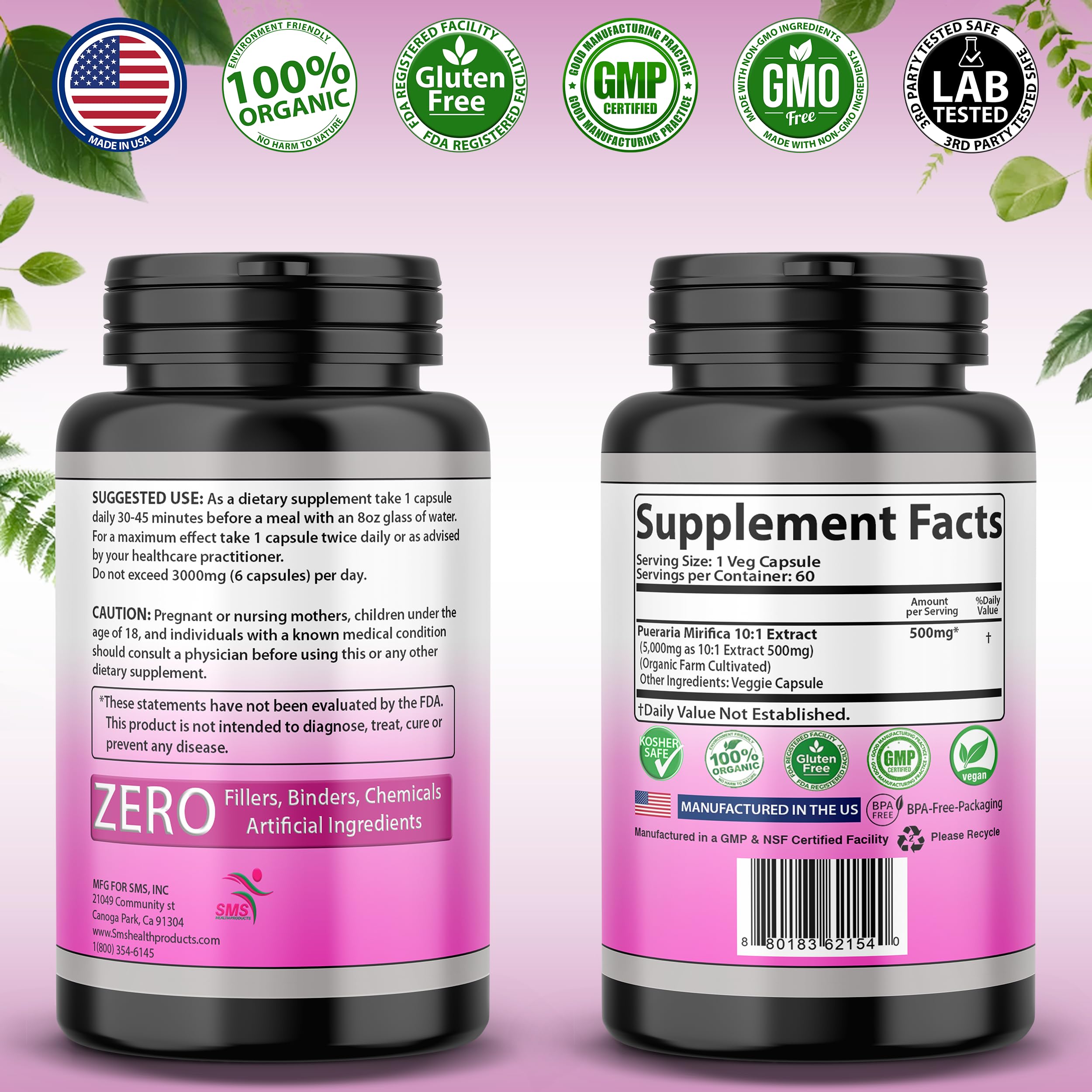 SMSHEALTHPRODUCTS.com Pueraria Mirifica 500mg Capsules bottle with label