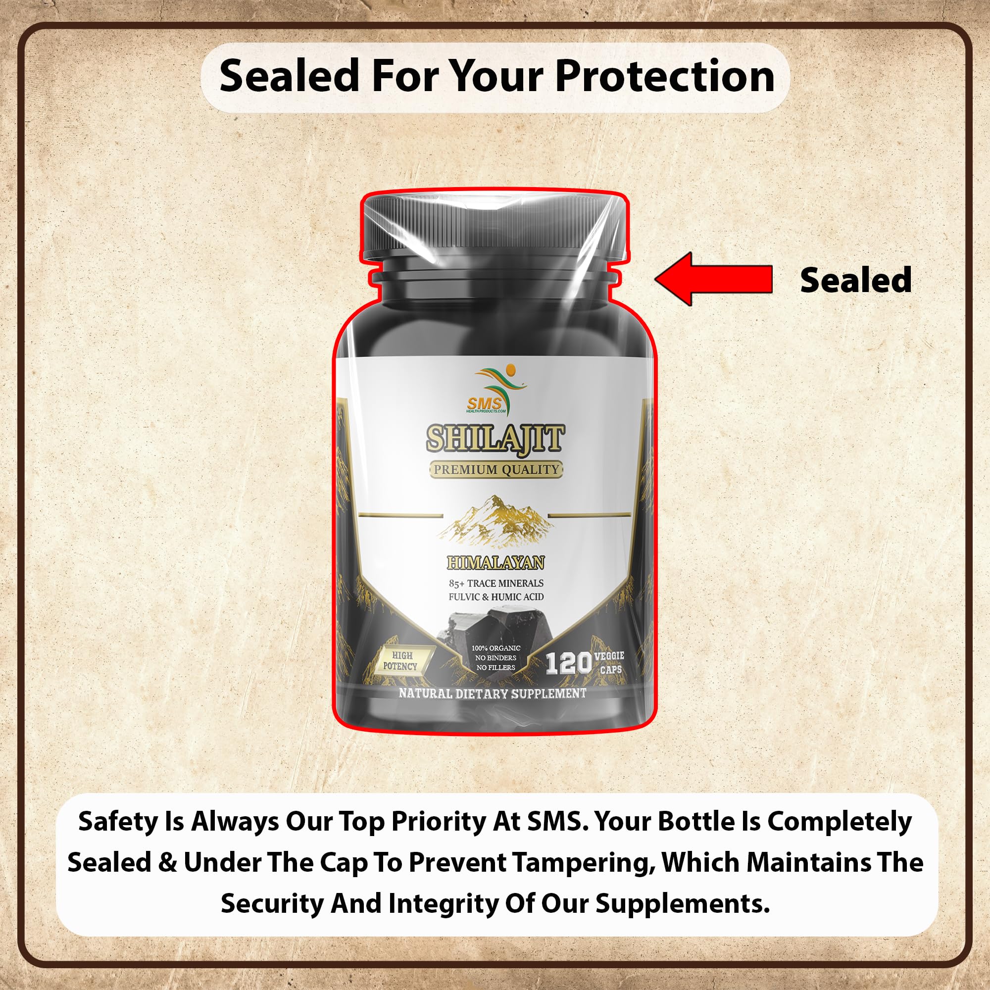SMSHEALTHPRODUCTS.com Shilajit Capsules back view with nutritional information